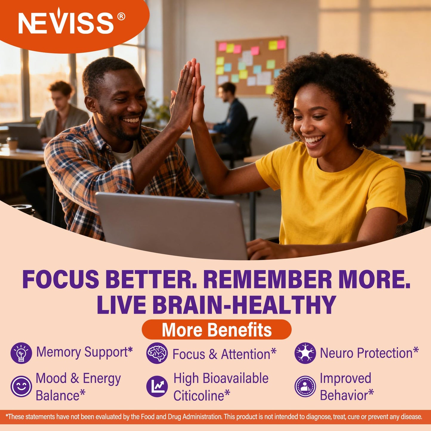 NEVISS Citicoline 1000mg & Phosphatidylserine 300mg CDP Choline Gummies, Brain Support with Lion's Mane, Omega-3, Methylfolate, B6 & B12, Non-GMO, Sugar Free, 60 Count