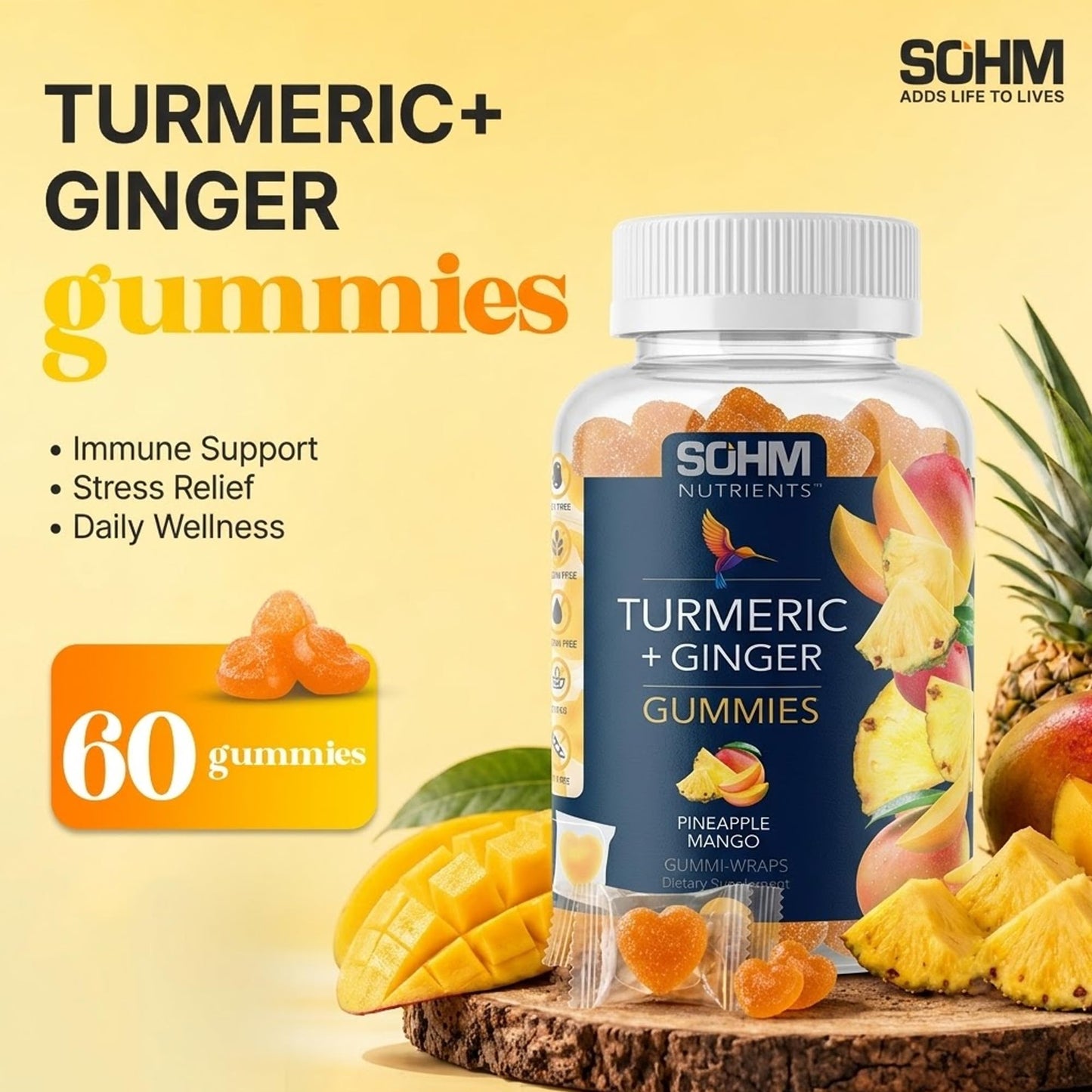SOHM Turmeric Ginger Gummies for Joint Support, Skin Health & Daily Wellness, 60 Gummies