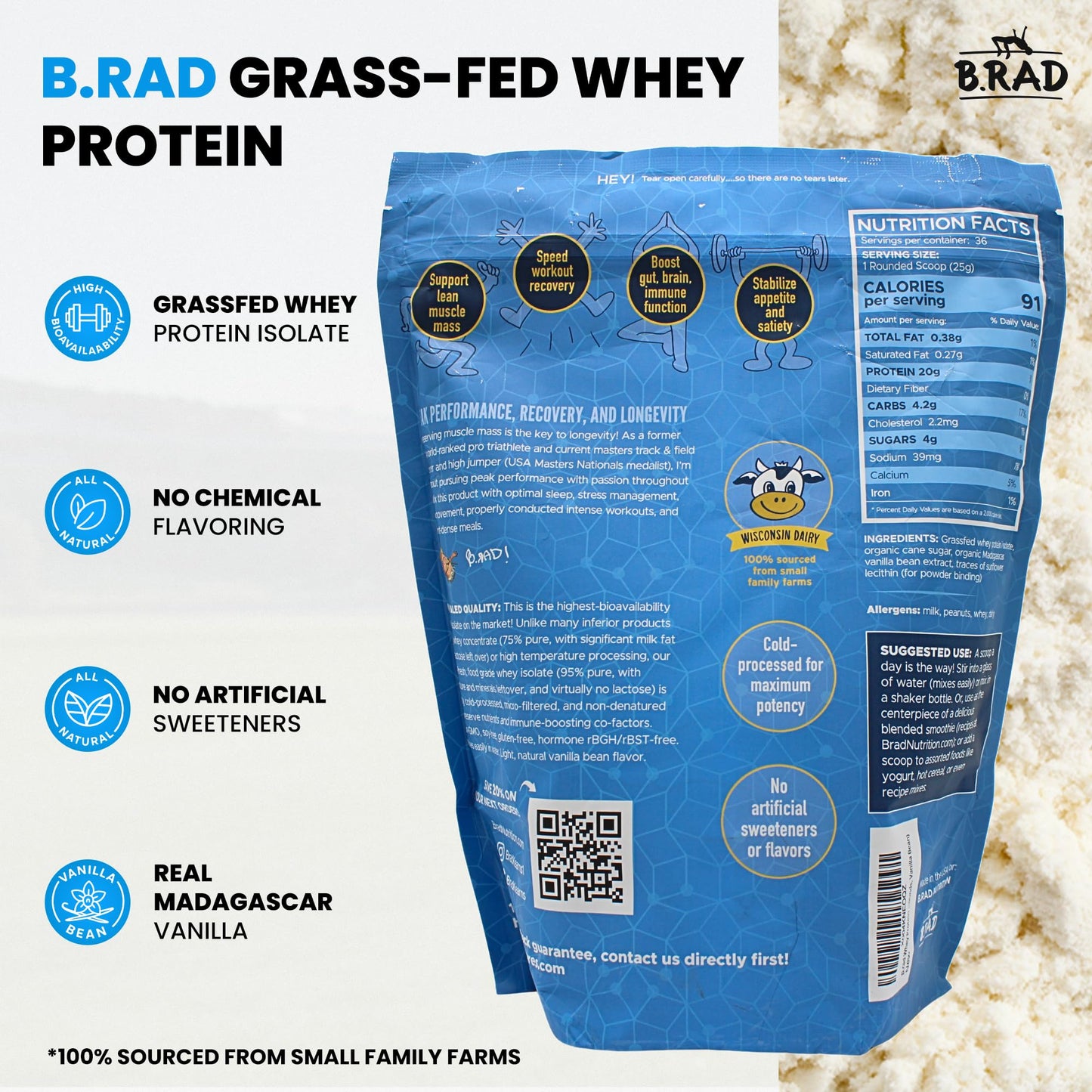 B.rad Grass Fed Whey Protein Isolate Powder Vanilla Bean, 2 Pound, 32 Servings