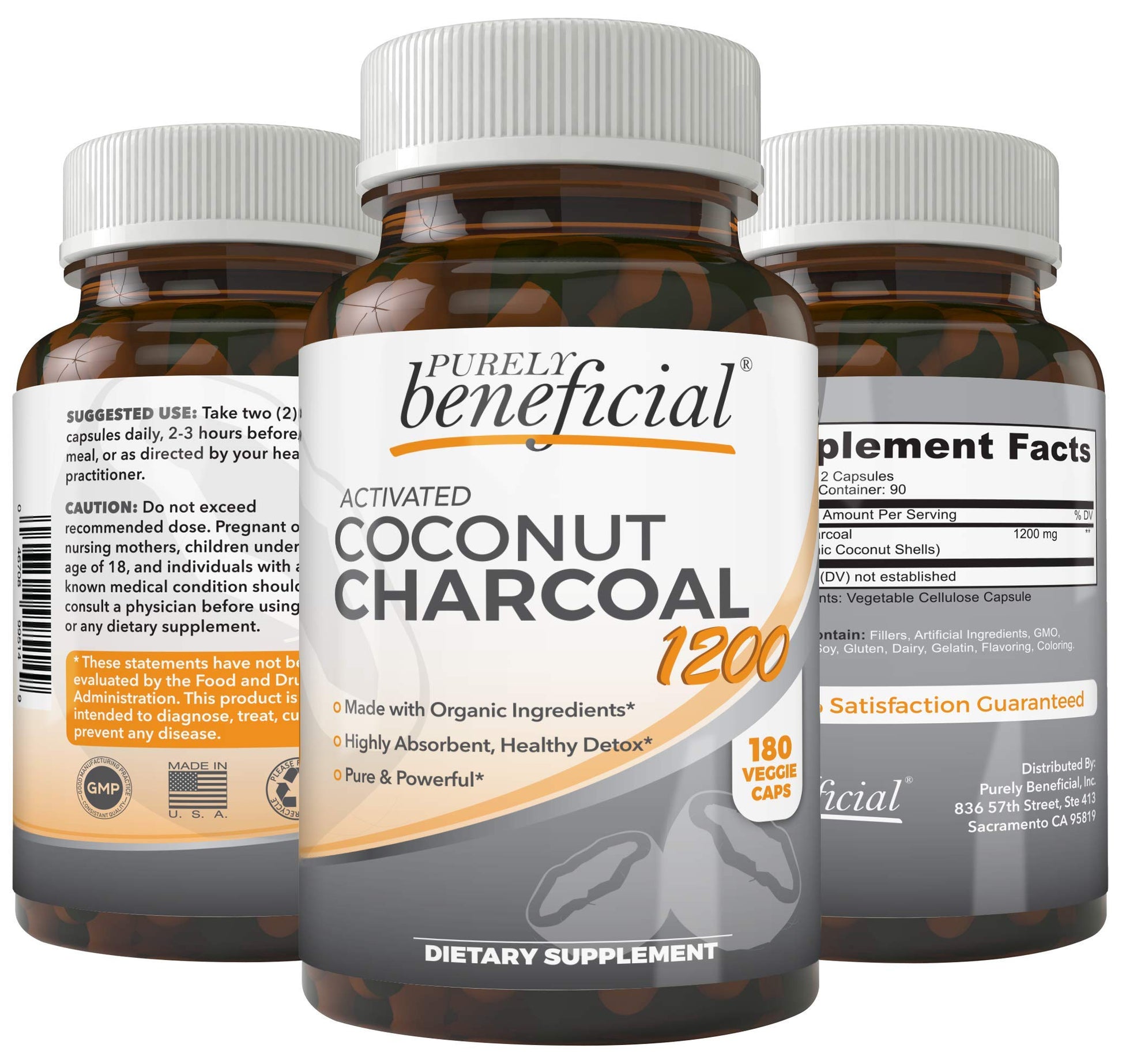 PURELY beneficial Activated Coconut Charcoal 1200mg Capsules, 180 Count