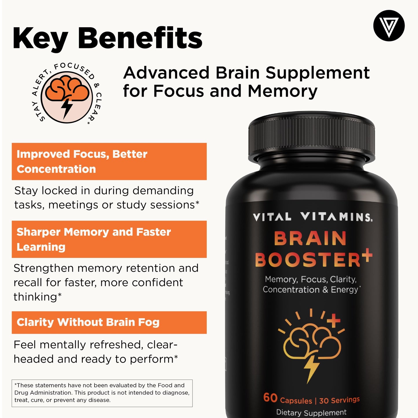 Vital Vitamins Brain Booster Plus + Creatine Capsules, 180 Capsules