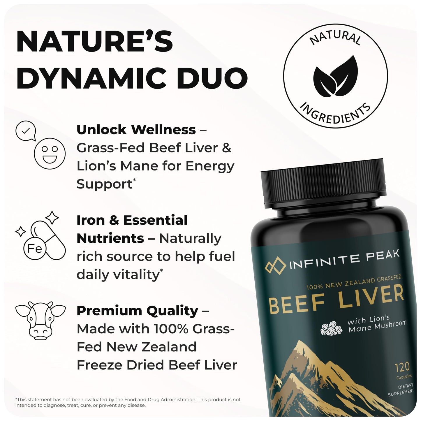 INFINITE PEAK Grass-Fed Beef Liver with Lion's Mane, 120 Capsules