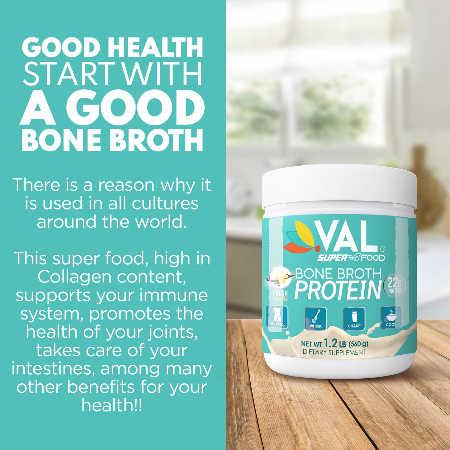 VAL Bone Broth Protein Powder 16 Servings (Pack of 2)