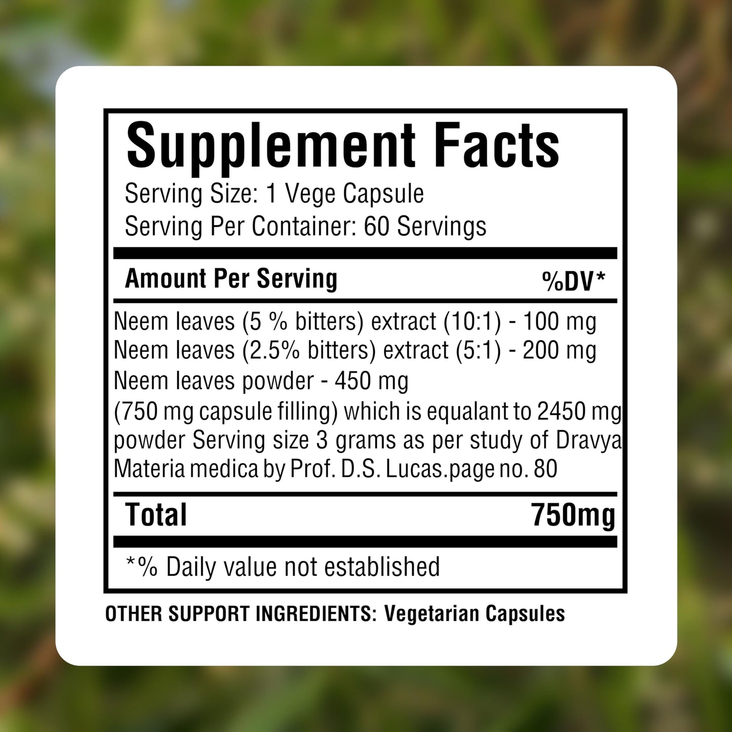 Herbsforever Neem 10:1 Extract (Equiv. to 2450mg Leaves) 750mg per Capsule, 60 Veg Capsules