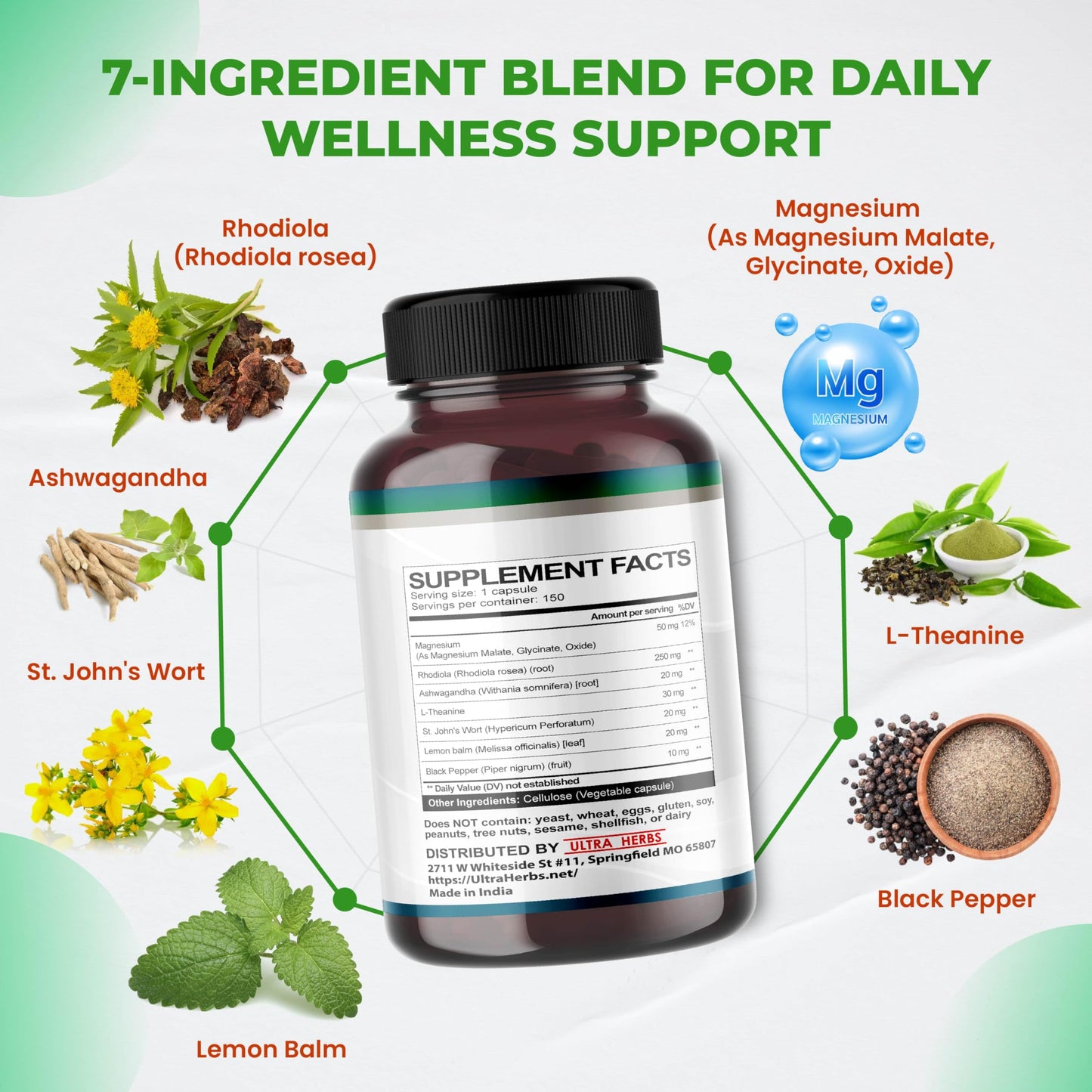ULTRA HERBS Rhodiola Rosea Supplement Enriched with Ashwagandha, Magnesium, L-Theanine, St. John's Wort, Lemon Balm, 150 Capsules