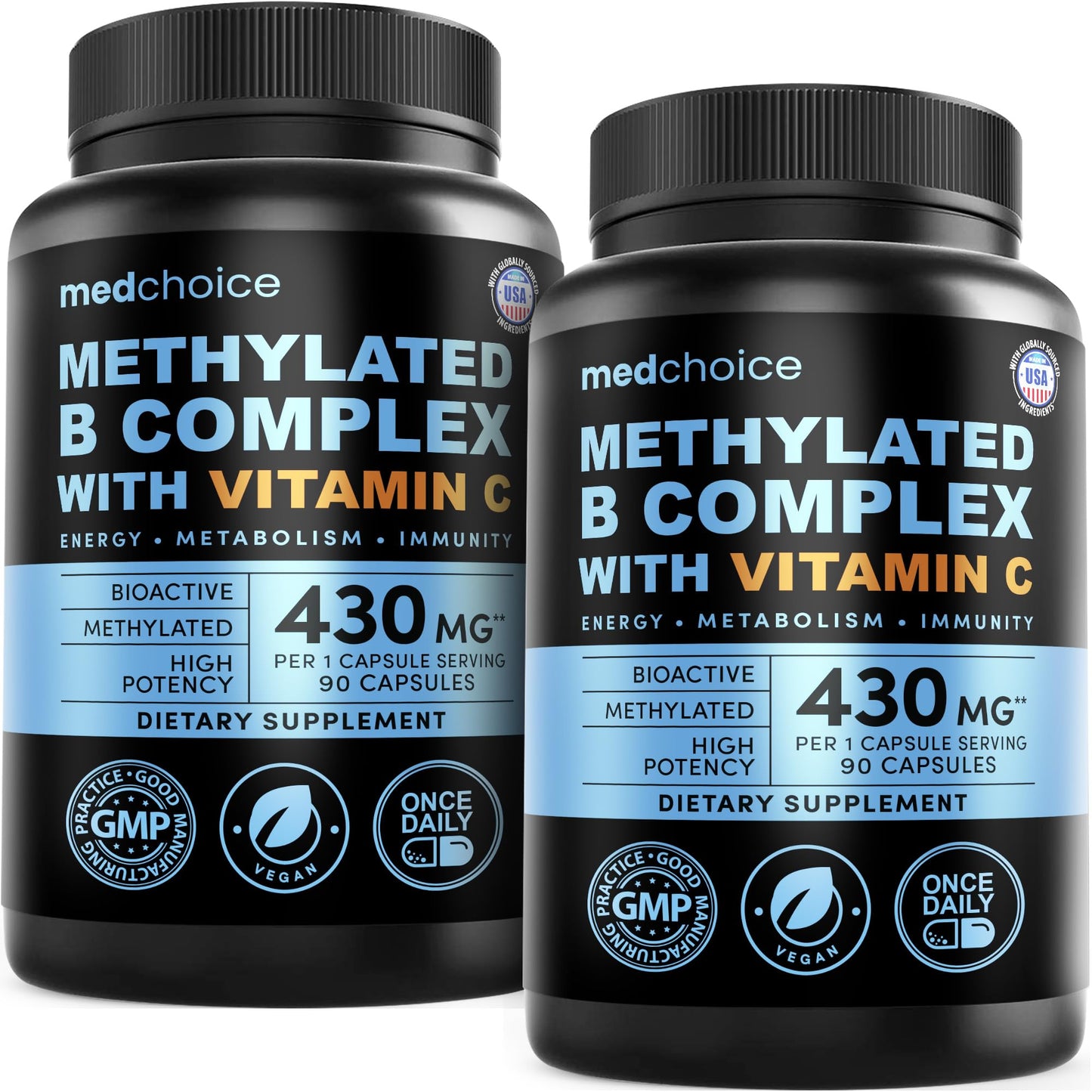 MEDCHOICE 9-in-1 Vitamin B Complex Methylated Multivitamin with B12 Methylcobalamin, Methylfolate, L-5-MTHF & Vitamin C, 180 Capsules