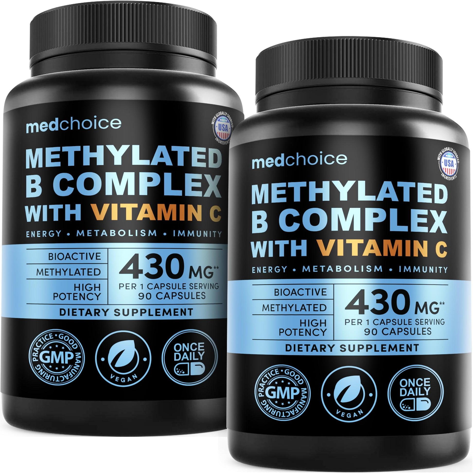 MEDCHOICE 9-in-1 Vitamin B Complex Methylated Multivitamin with B12 Methylcobalamin, Methylfolate, L-5-MTHF & Vitamin C, 180 Capsules