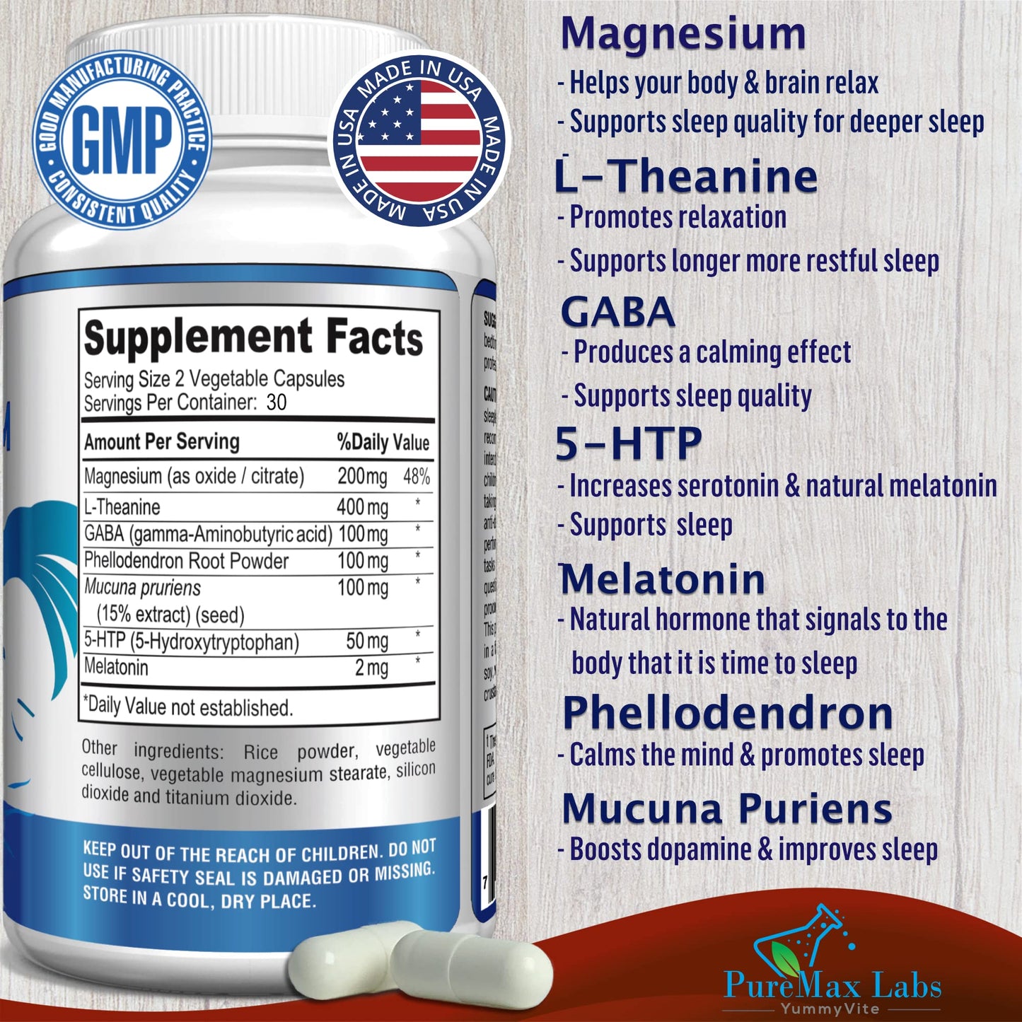 YUMMYVITE Natural Calm Sleep Aid with Magnesium, L-Theanine, Melatonin, GABA, 5-HTP Capsule, 60 Count