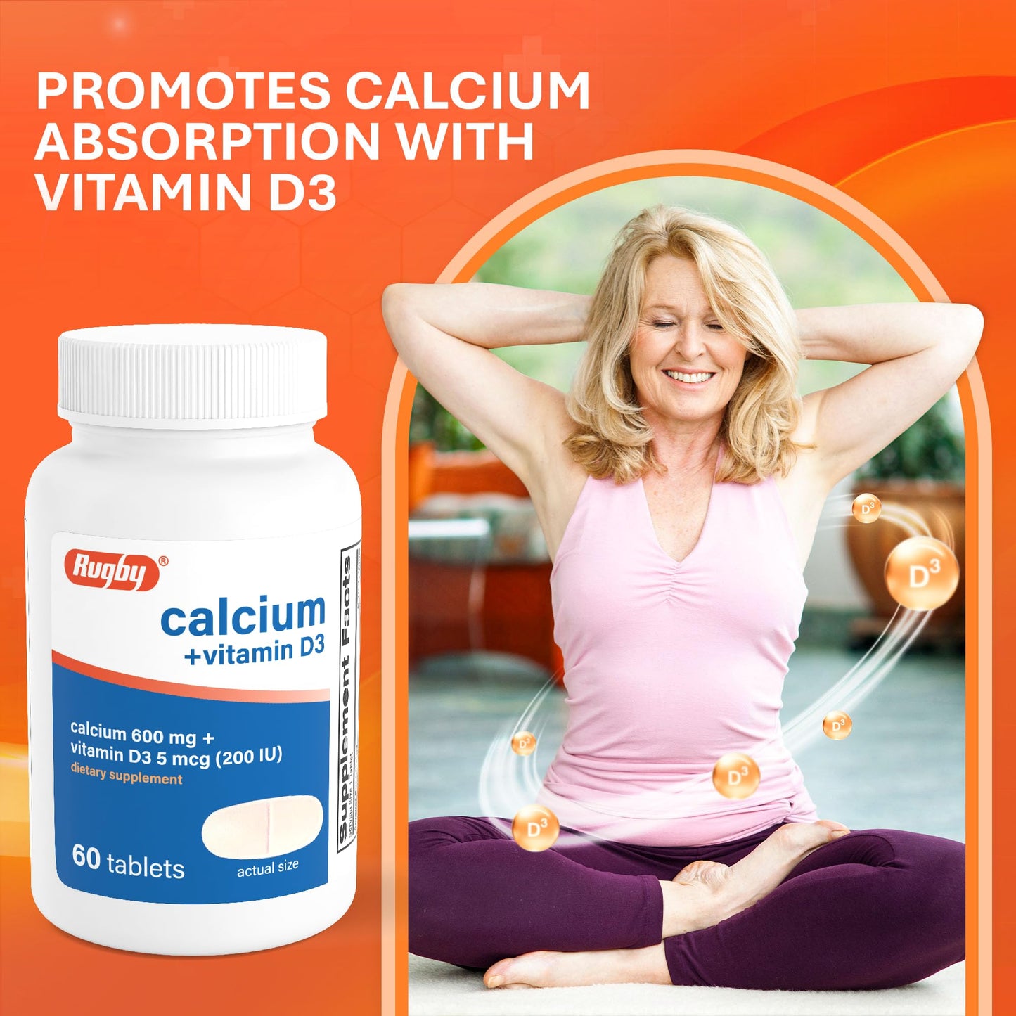 Rugby Laboratories Calcium 600 mg Tablets with Vitamin D3 200IU (5 mcg) Gluten-Free Daily Vitamin D Dietary Supplement for Bone Health and Calcium Absorption, 60 Tablets
