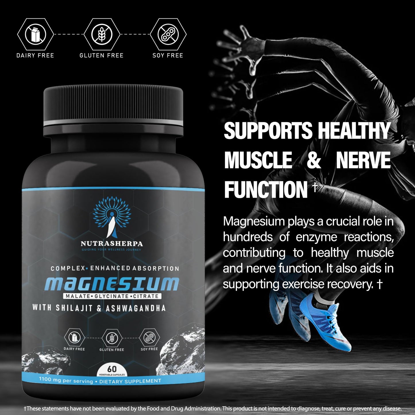 Nutrasherpa Magnesium Complex with Shilajit and Ashwagandha, 300mg Triple Magnesium Blend, Non-Buffered Formula for Absorption Capsule, 60 Count
