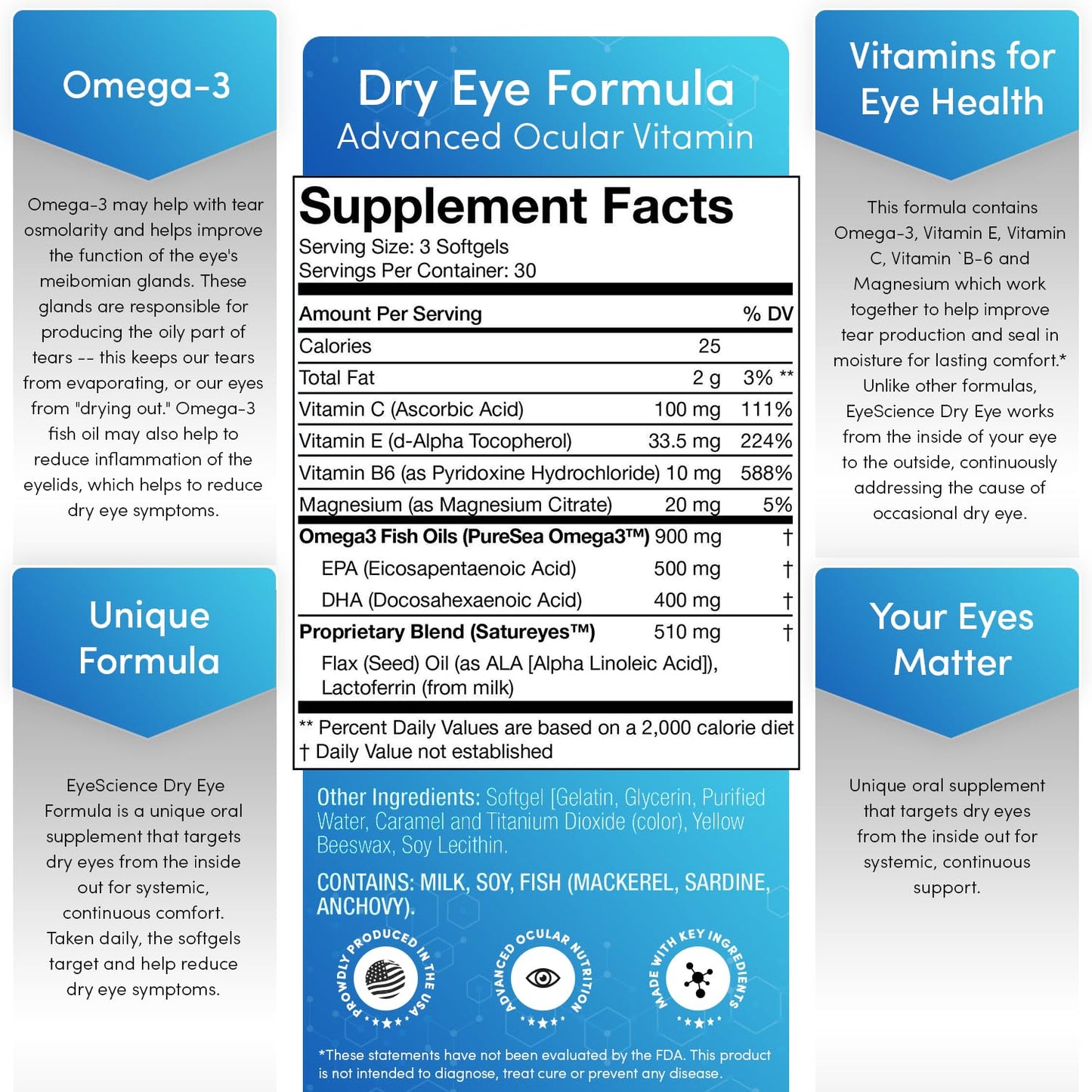 EyeScience Dry Eye Formula 900mg Omega-3 Softgels, 90 Count
