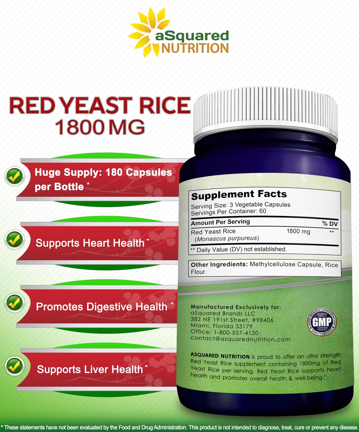 aSquared Nutrition Red Yeast Rice 1800mg Capsules 180 Count
