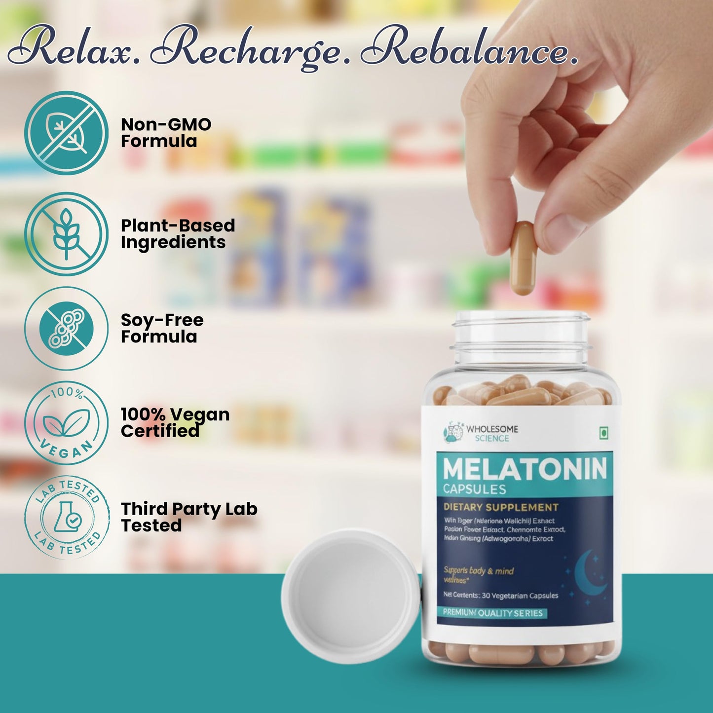 WHOLESOME SCIENCE Melatonin 10 mg Capsules with Herbal Extracts for Sleep & Relaxation – Non-GMO, Vegan, Soy-Free, Third-Party Lab Tested, 30 Capsules
