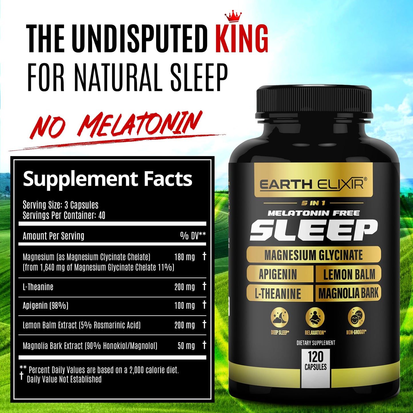 Earth Elixir 5-in-1 Melatonin Free Sleep Aid – Magnesium Glycinate, Apigenin for Sleep, L-Theanine, Lemon Balm, Magnolia Bark Extract Capsules, 120 Count