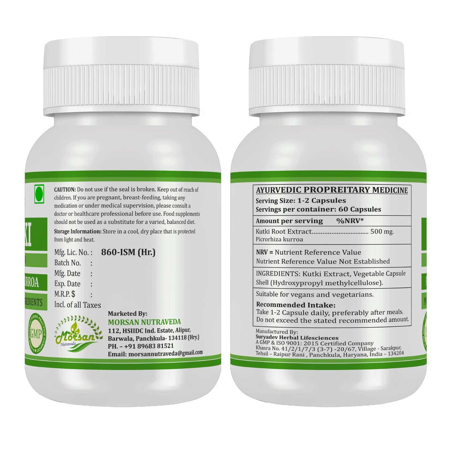 Morsan Nutraveda Picrorhiza Kurroa (Kutki) Capsules, 120 Count, 500 mg