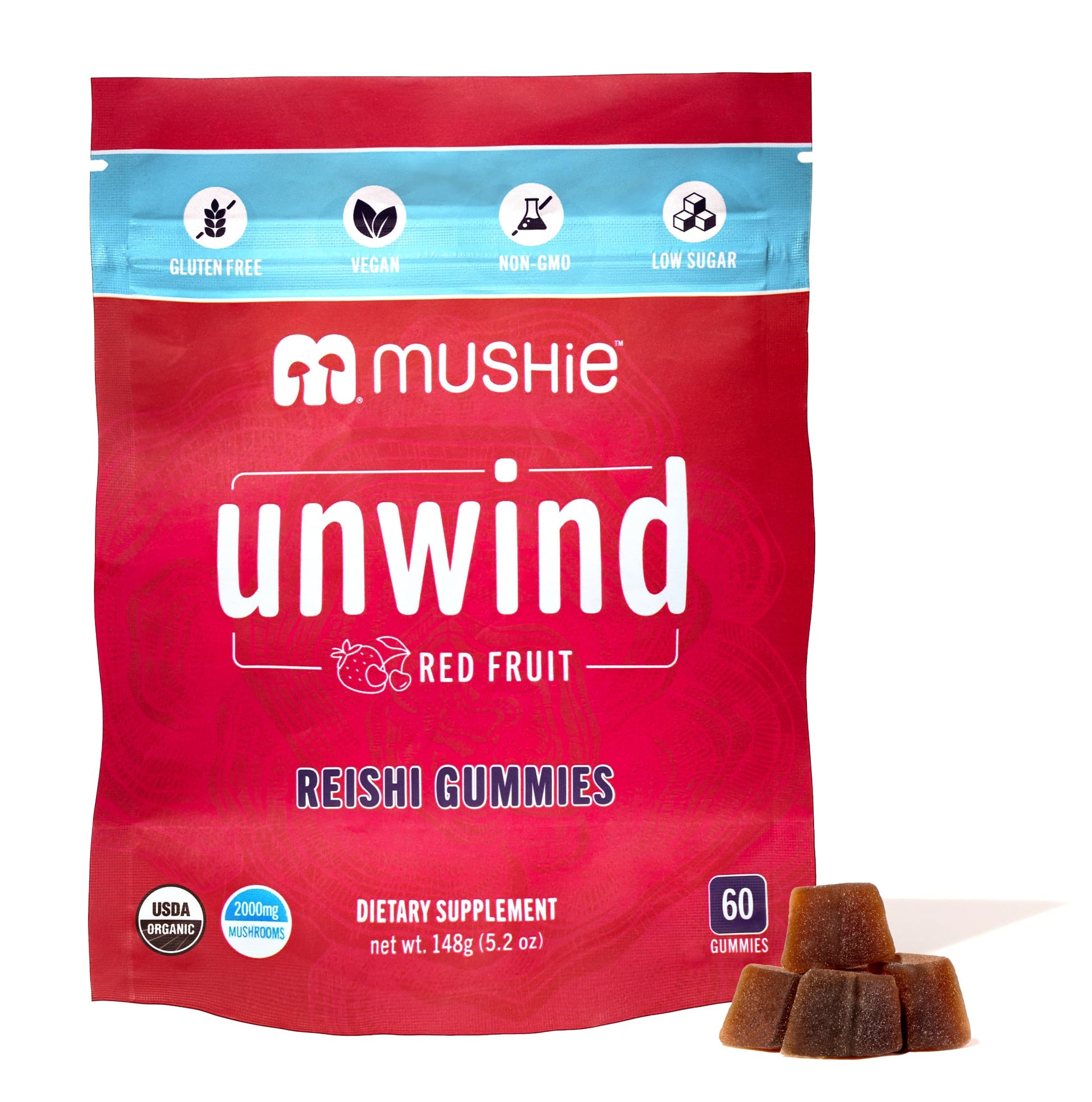 Mushie 100% Organic Reishi Mushroom Gummies, 2000mg Reishi Nootropic, Vegan & Gluten-Free, 60 Count