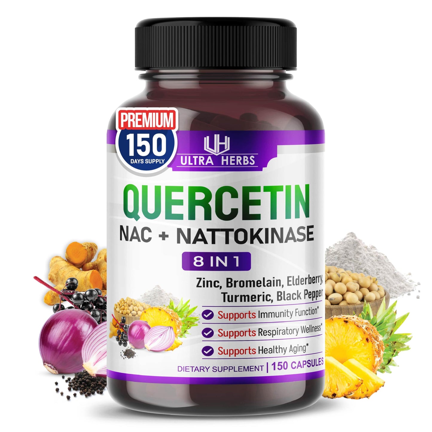 Ultra Herbs Quercetin Supplement with Bromelain, NAC & Nattokinase, 8-in-1 Formula with Zinc, Elderberry & Turmeric, Immune & Respiratory Wellness Support*, Capsules, 150 Count