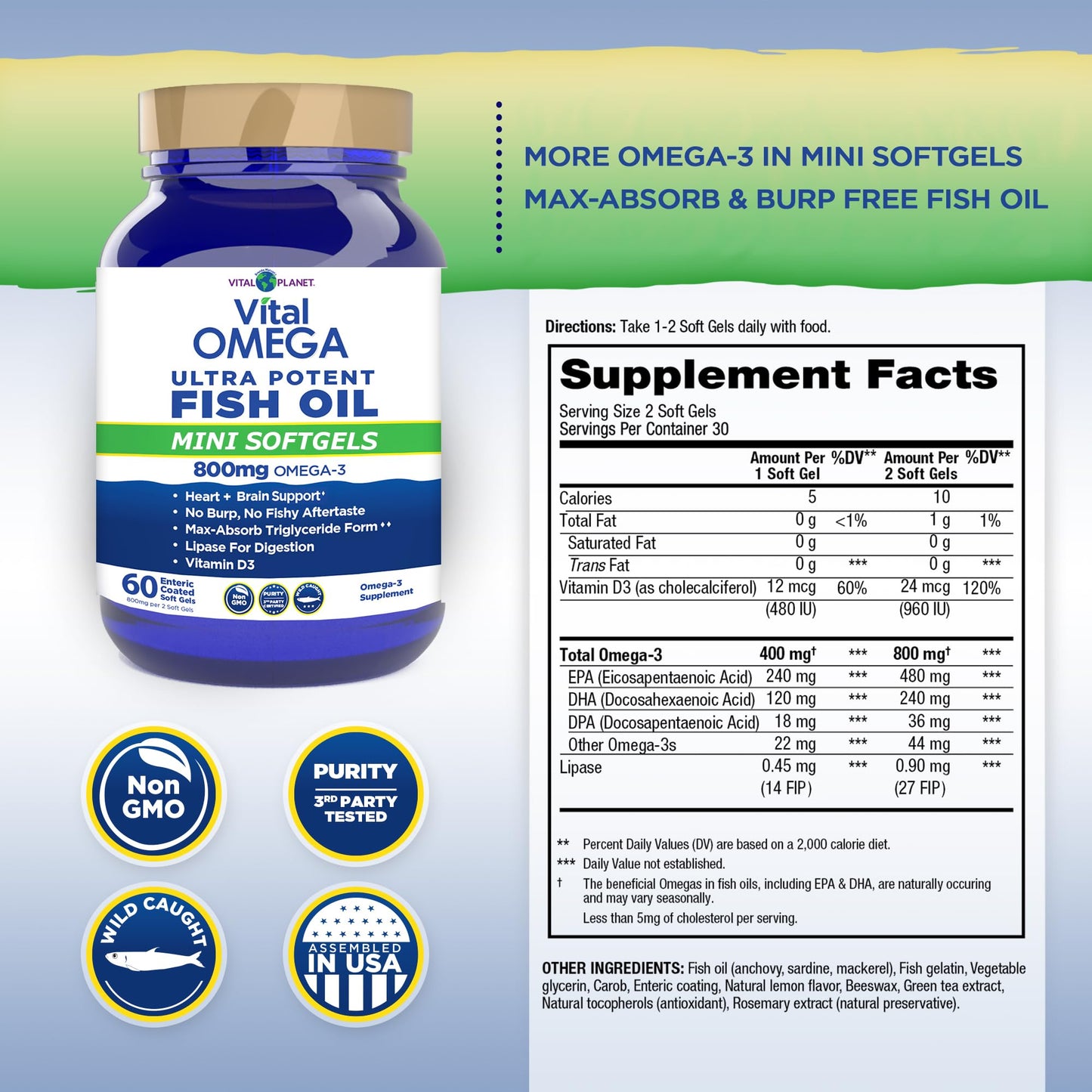 Vital Planet Vital Omega-3 Fish Oil Mini Softgels with 800mg Wild-Caught Omega-3s (EPA, DHA, and DPA) for Heart Health, 60 Softgels