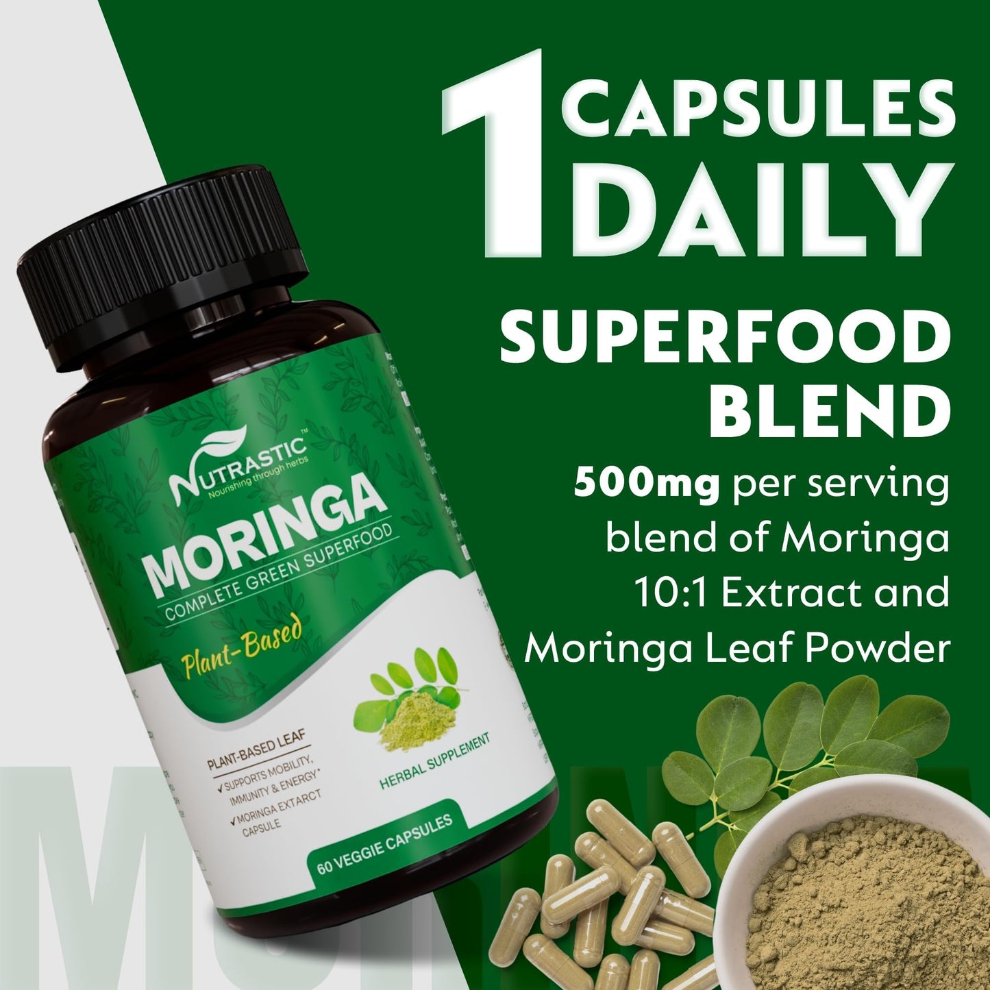 Nutrastic Organic Moringa Supplement 500mg Capsules, 60 Count
