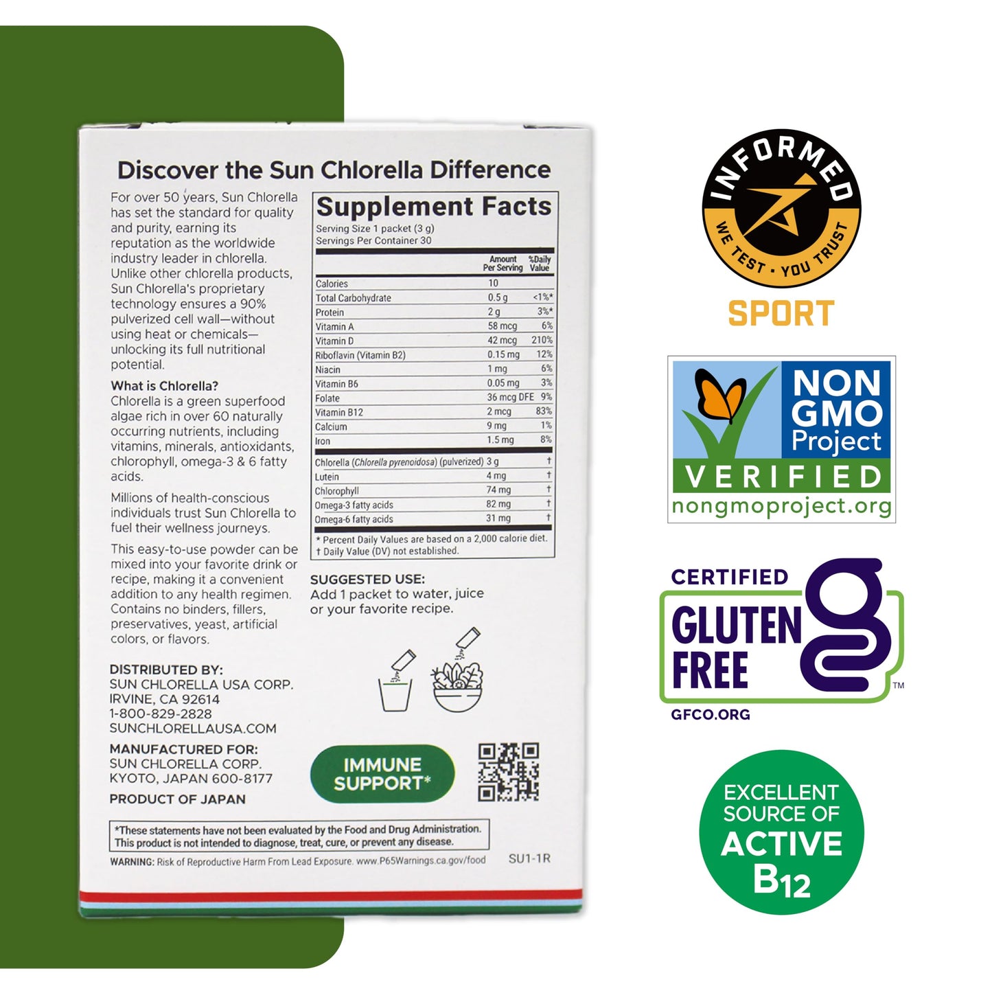 Sun Chlorella Powder 3g Single-Serve Packets, B12-Vitamin D Support, 30 Packets