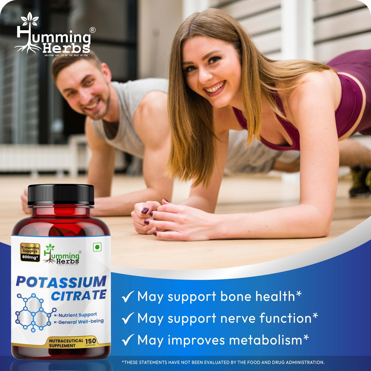 Humming Herbs Potassium Citrate 800 mg (306 mg Elemental Potassium) Capsules, 150 Count