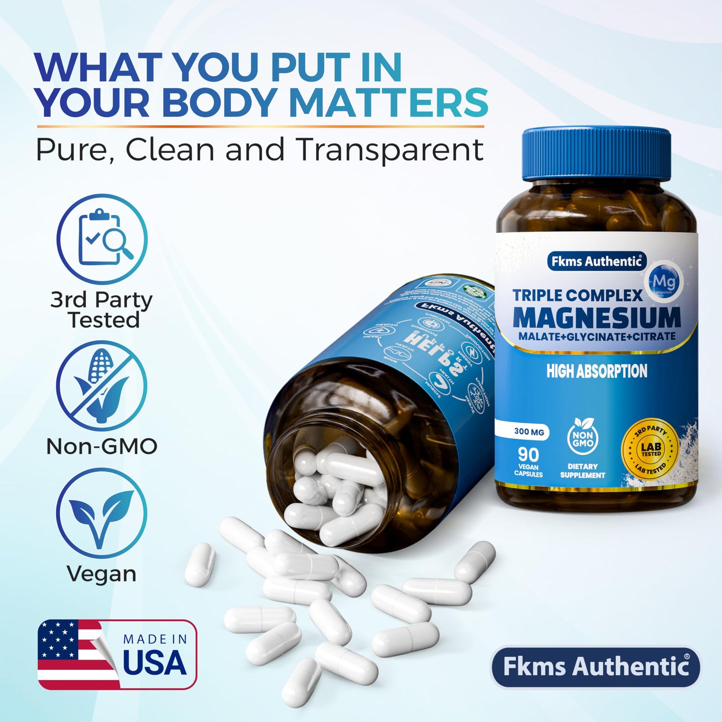 FKMS AUTHENTIC Triple Magnesium Complex 300mg Supplement Capsule, 90 Count