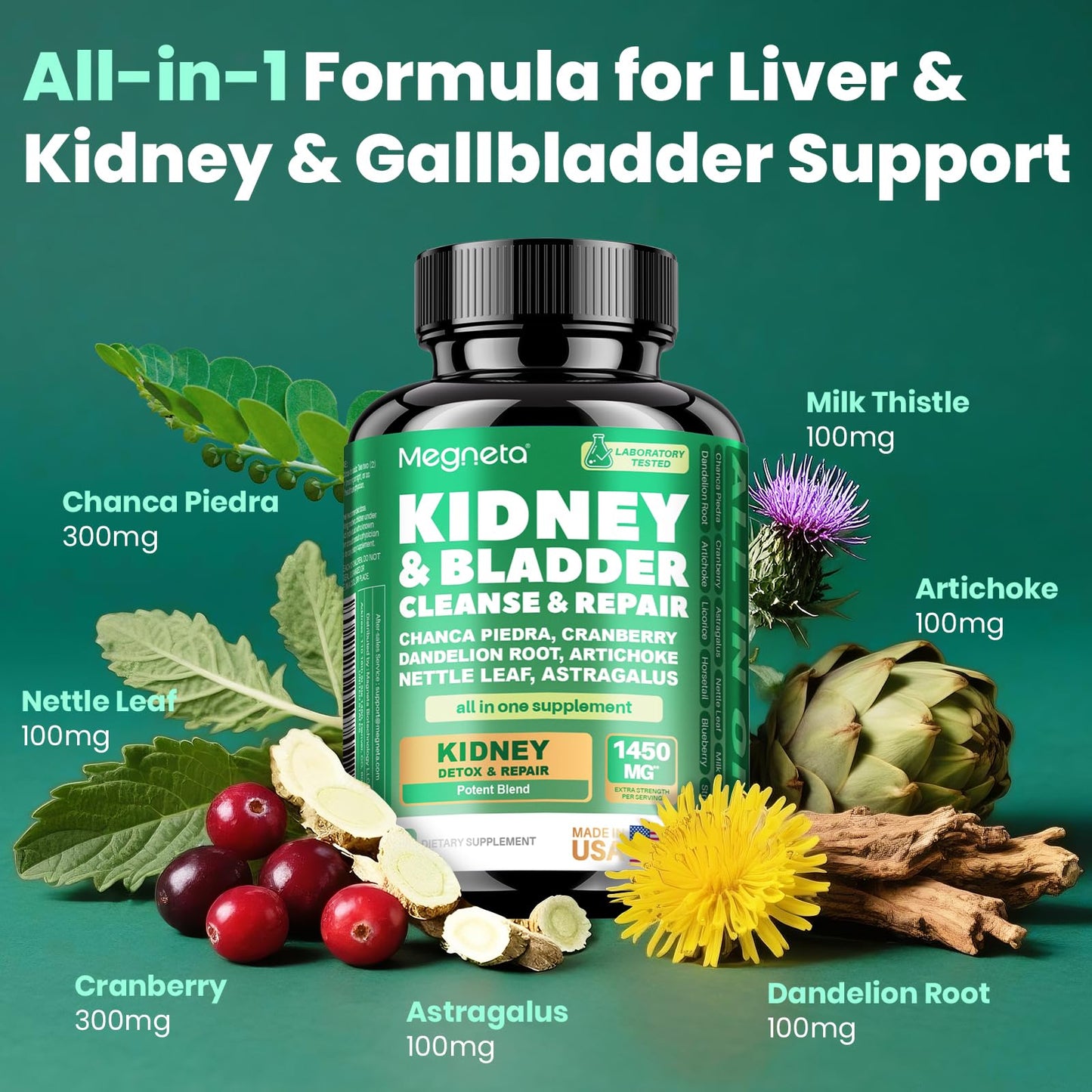 MEGNETA 3-in-1 Kidney Liver Bladder Cleanse Detox & Repair Capsule, 60 Count