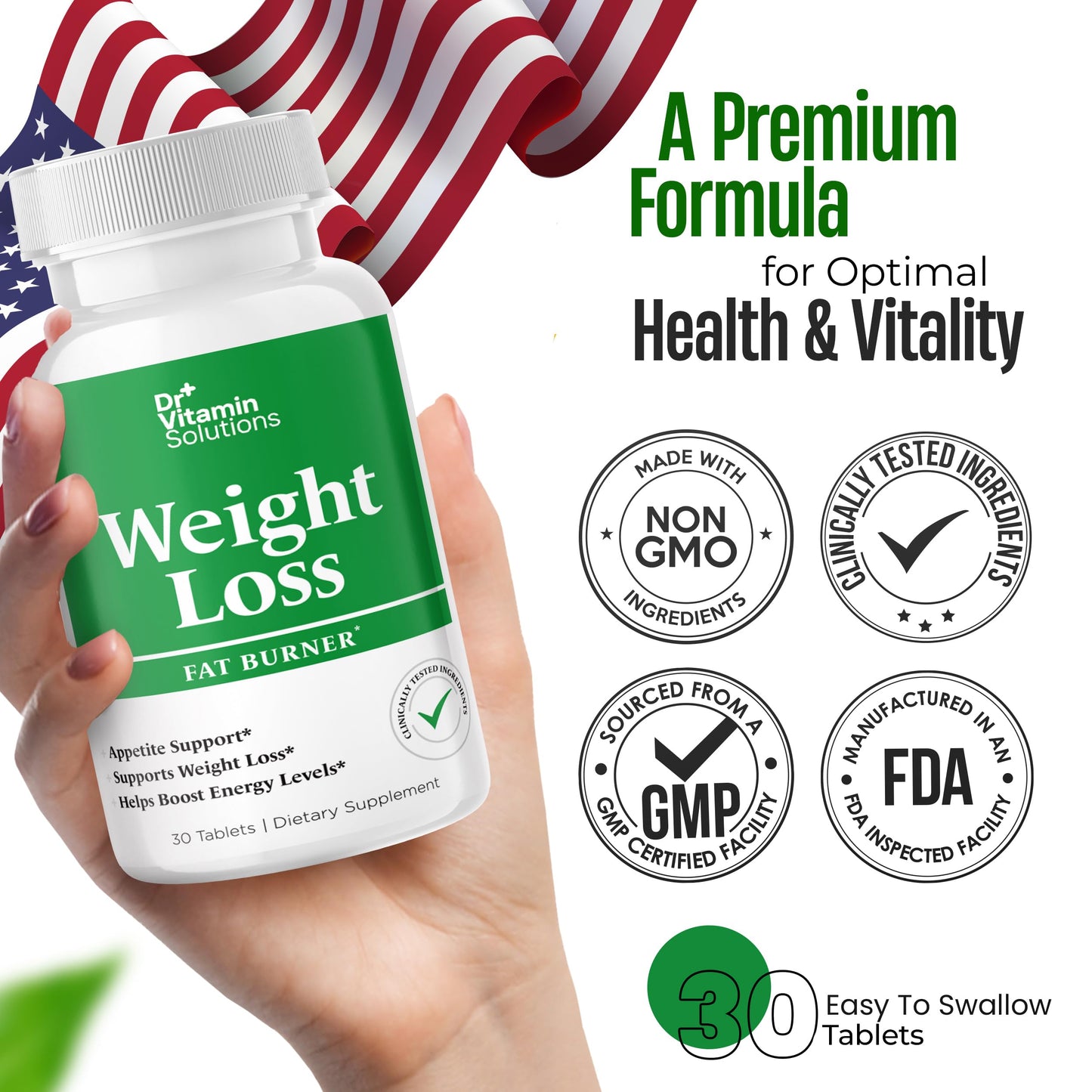 DR VITAMIN SOLUTIONS Fat Burner for Women & Men, Thermogenic Weight Loss Diet Pills, Appetite Suppressant & Metabolism Booster with Green Tea, Garcinia Cambogia, Chromium - Natural, Non-GMO, Made in USA, 30 Tablets