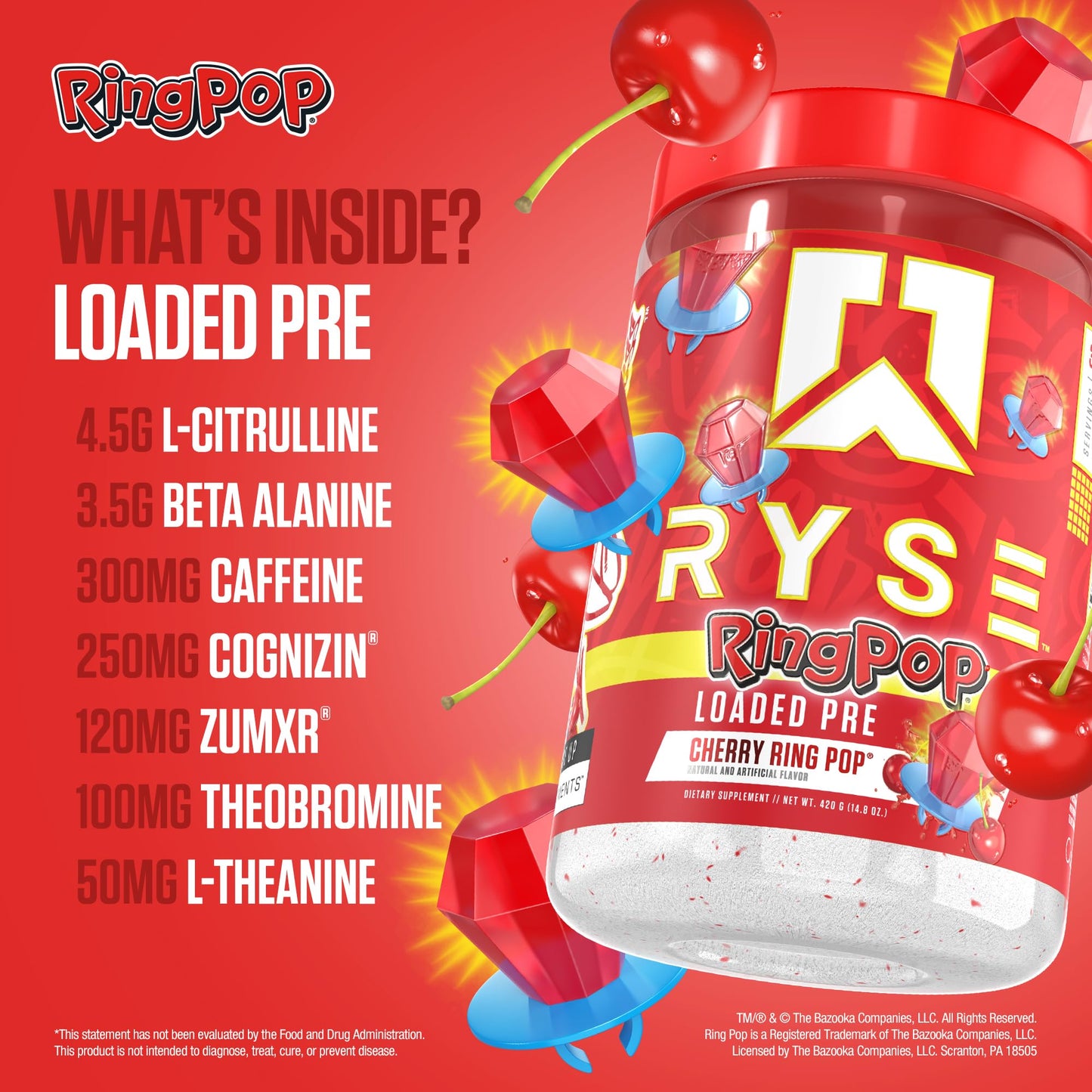 RYSE Up Supplements Loaded Pre Workout Powder Ring Pop Cherry 14.8 Ounce