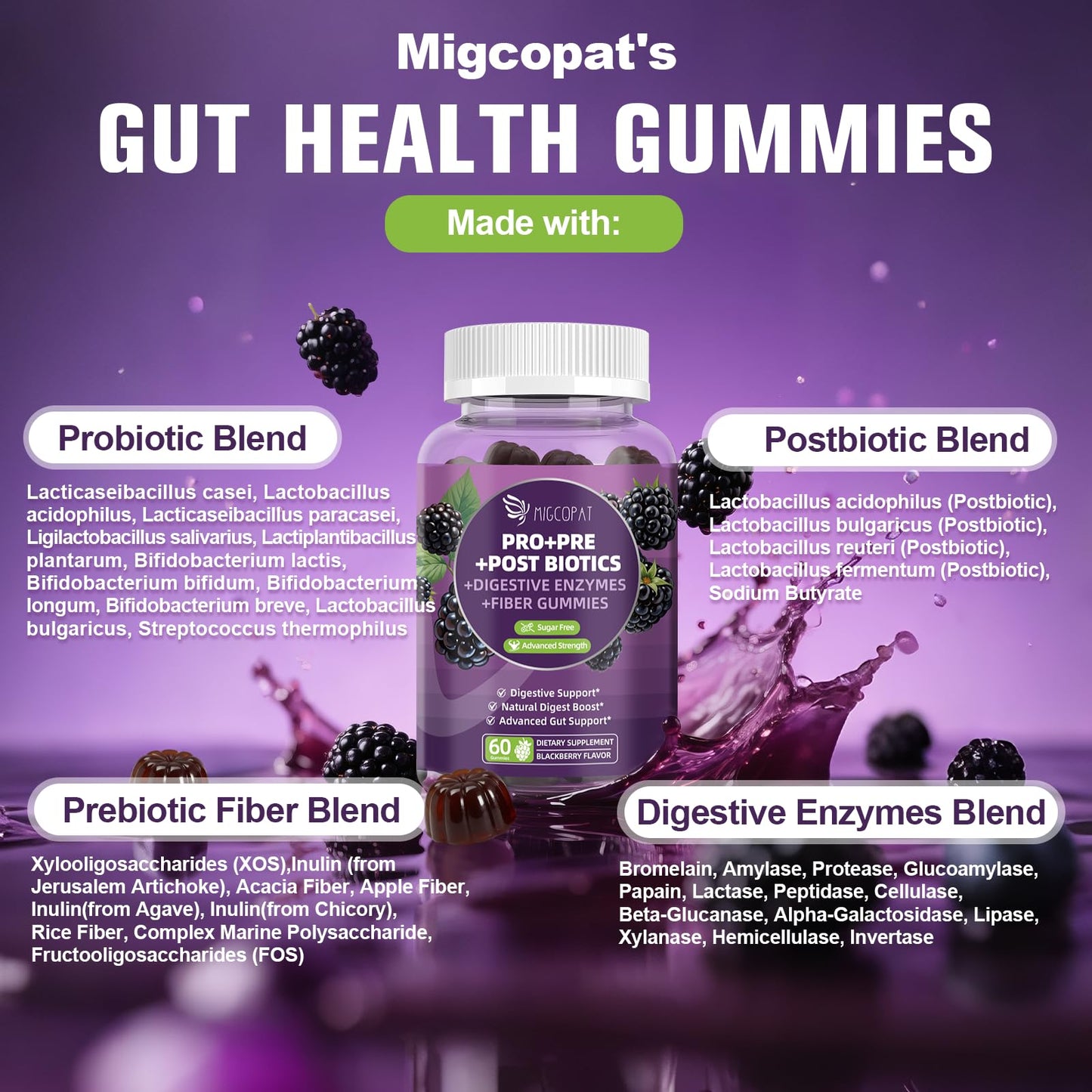Migcopat Pre Post Probiotics Gummies, Probiotic Prebiotic Postbiotic Digestive Enzymes with Fiber, 120 Billion CFU Probiotics Complete Gut Support, Sugar Free, Vegan, BlackBerry Flavor, 60 Count