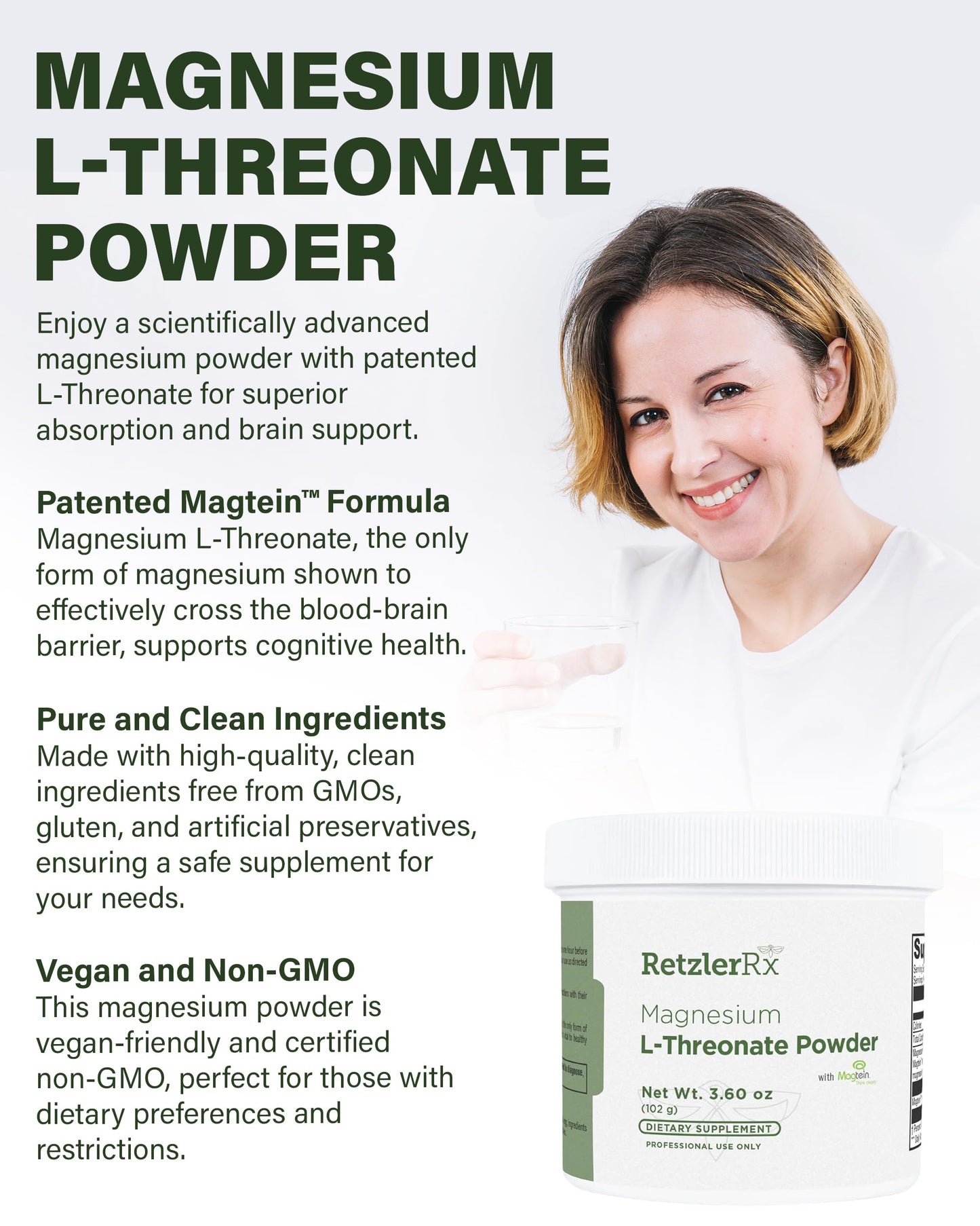 HormoneSynergy Magnesium L-Threonate Powder with Magtein Brain-Supporting Magnesium Threonate Complex, 3.6 Ounce