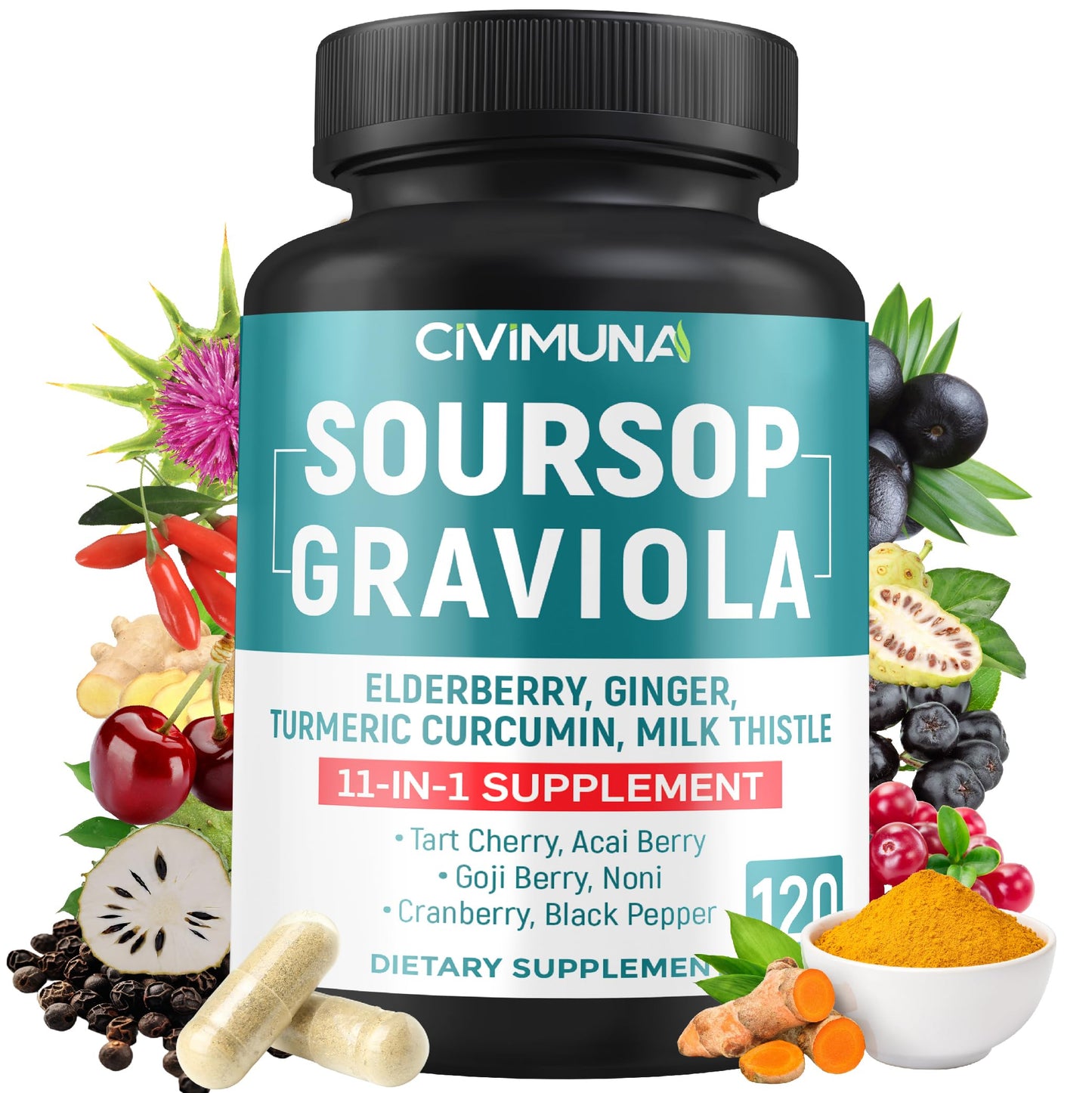 CIVIMUNA Soursop Graviola Capsules with Elderberry, Turmeric, Ginger, Milk Thistle, Tart Cherry and More 120 Capsules