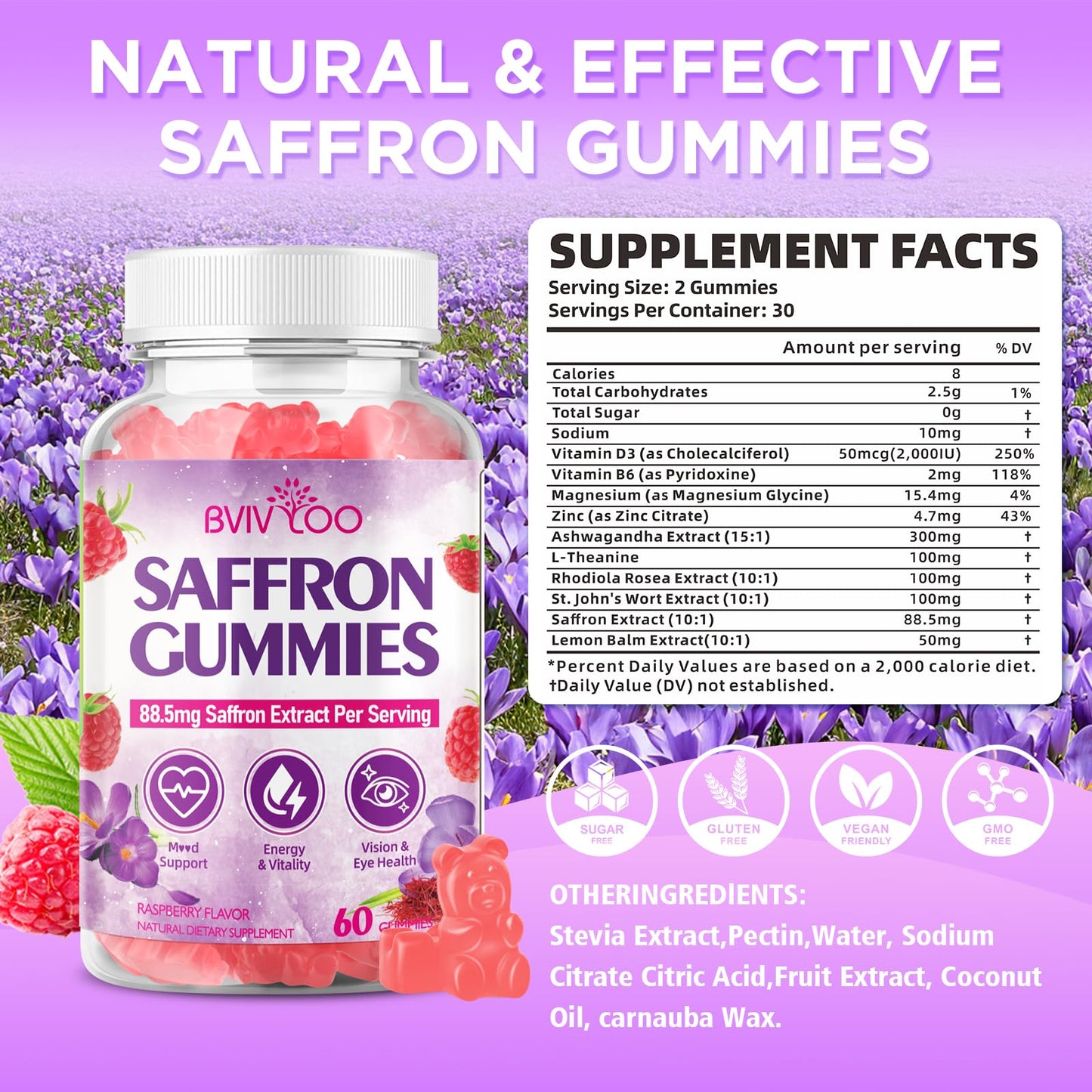 BVIVLOO Saffron Gummies 10-IN-1 Formula with Saffron 88.5mg, Vitamins D3 & B6, Magnesium, Zinc, Ashwagandha, L-Theanine, St. John's Wort, Raspberry Flavor, 60 Count