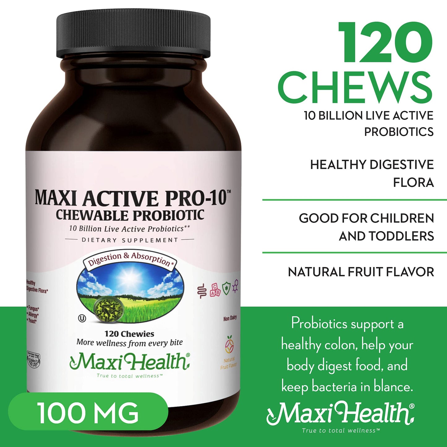 Maxi Health Maxi Active Pro-10 Chewables Probiotics for Kids, 120 Count