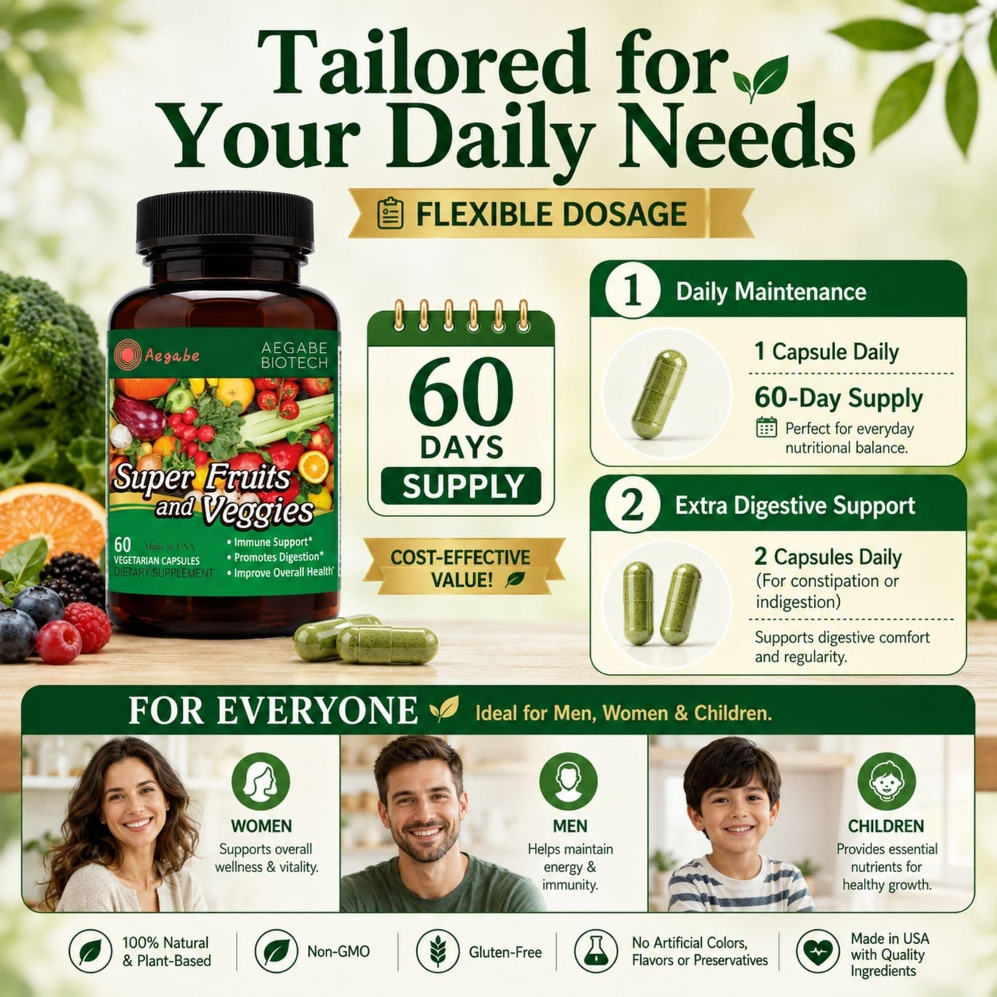 aegabe Super Fruits and Veggies Supplement, 60 Capsules