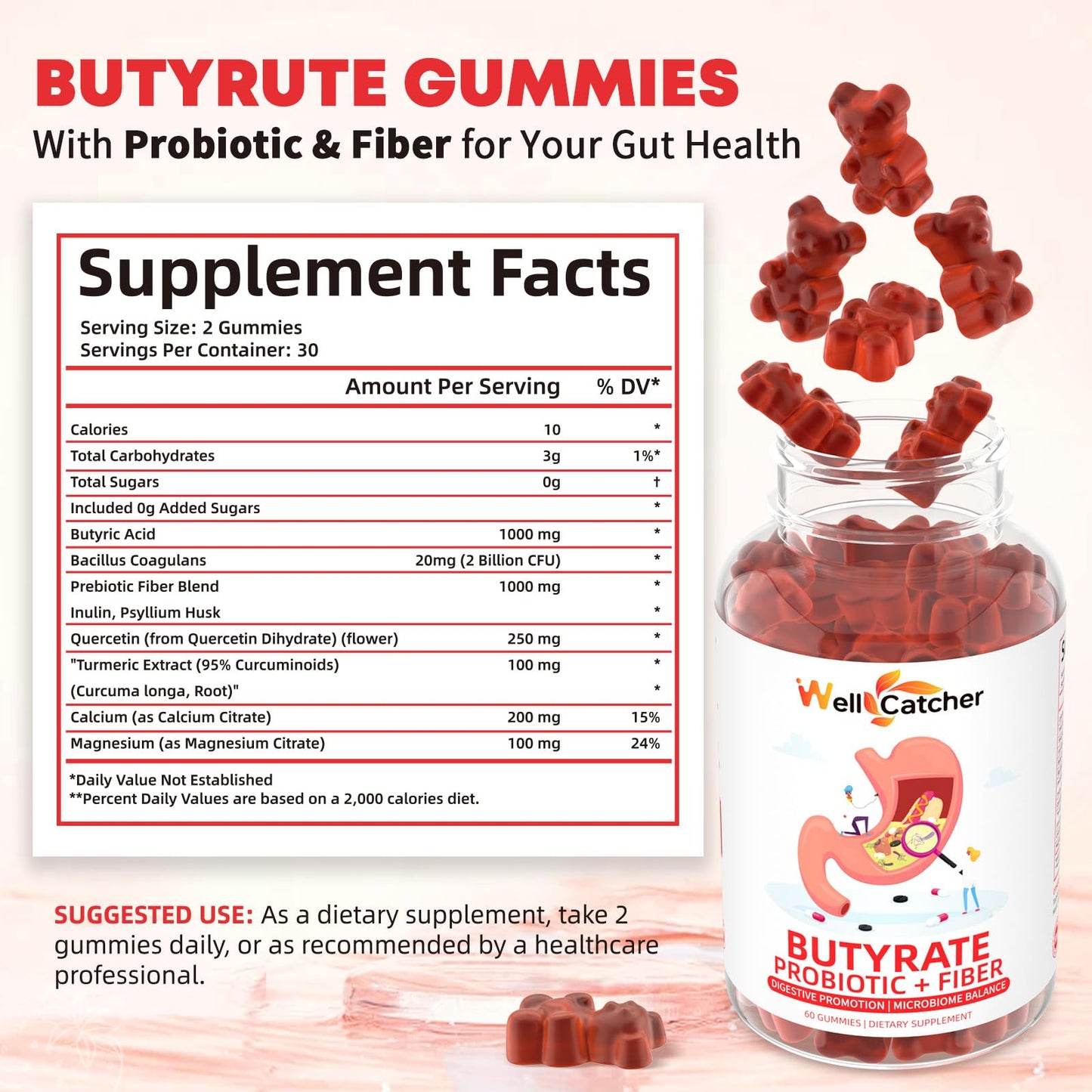 Wellcatcher Butyrate Gummies Gut Health Supplement with Probiotic & Prebiotic Fiber, Sugar Free, Vegan Hawthorn Flavor, 60 Gummies