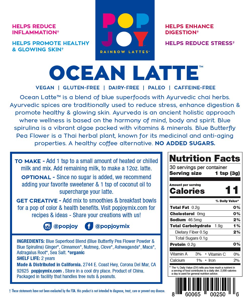 POP JOY Blue Spirulina & Butterfly Pea Ocean Latte Mix with Ayurvedic Herbs Powder 1 oz
