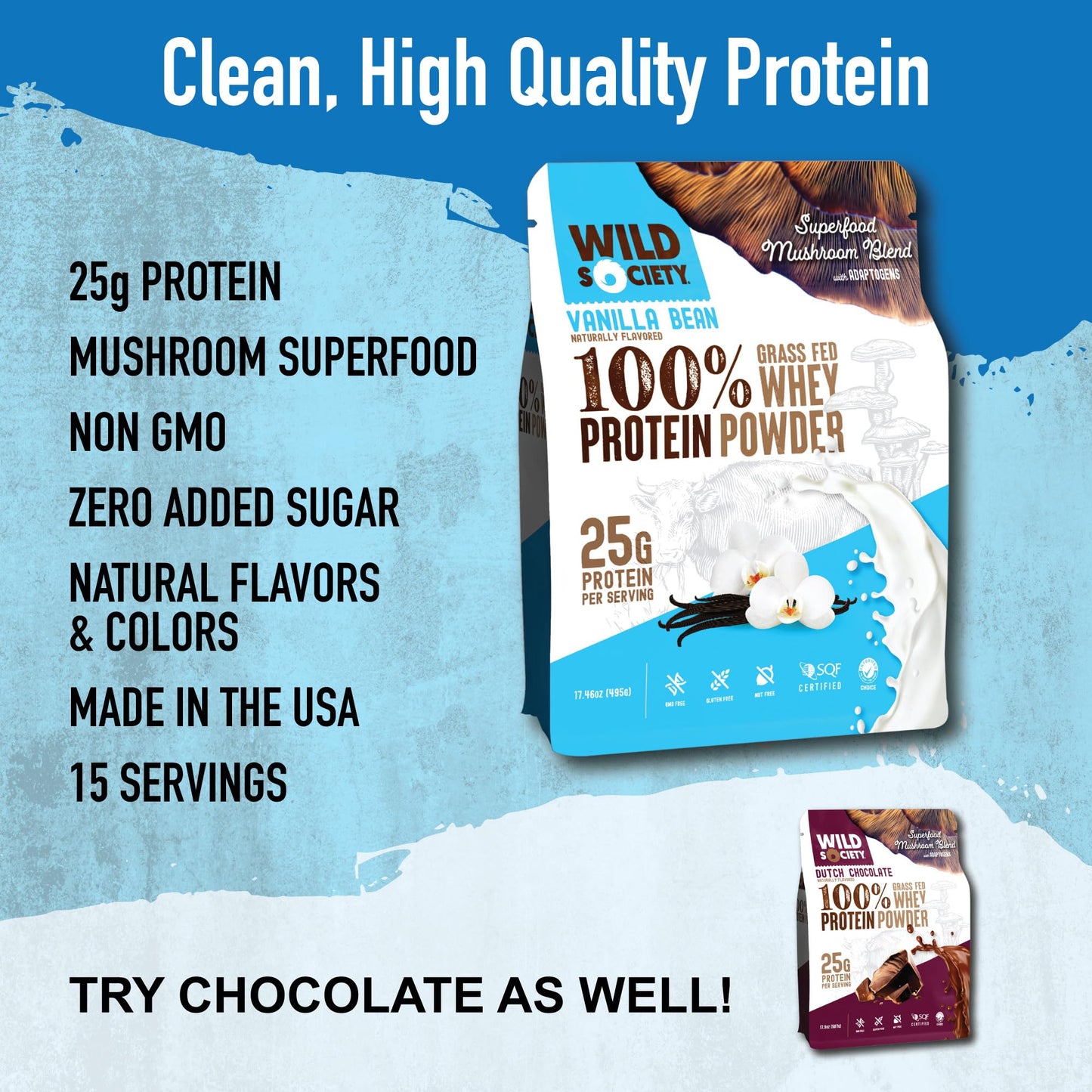 WILD SOCIETY Premium 100% Grass Fed Whey Protein Powder Vanilla Bean, 17.5 oz