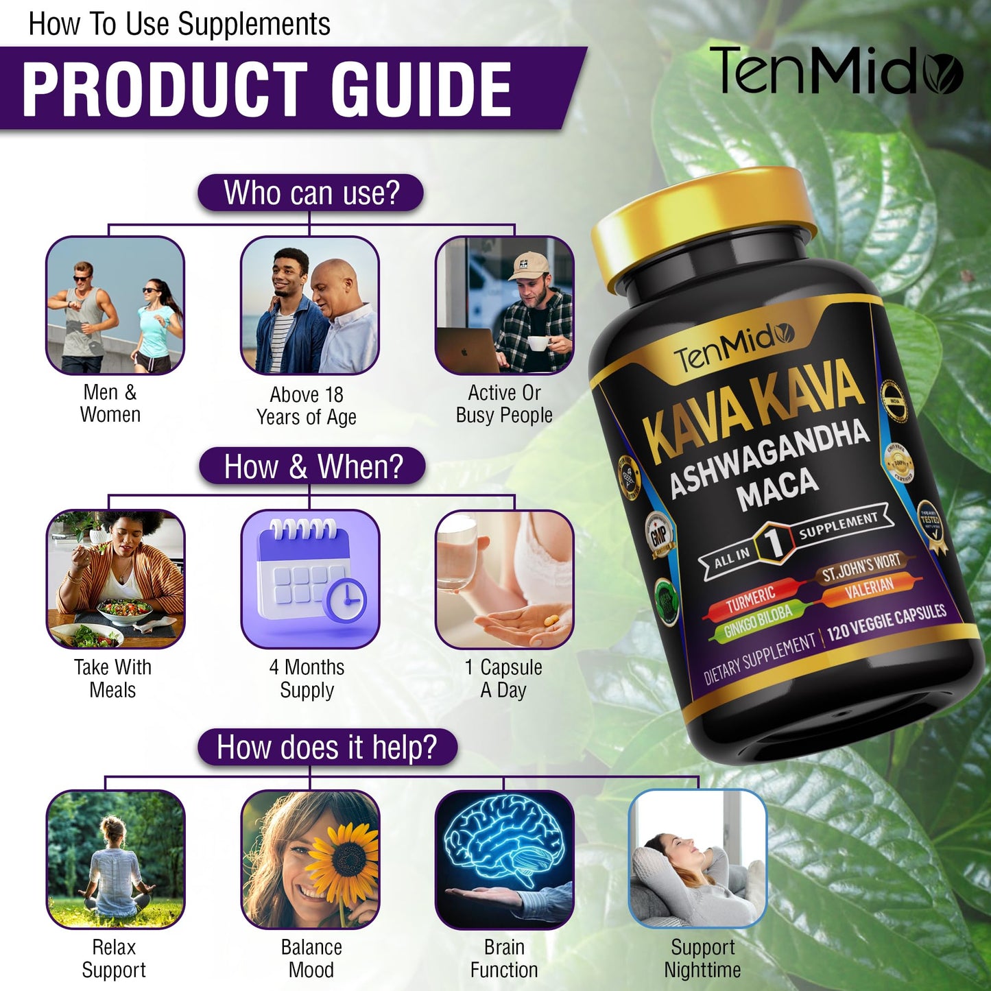 Tenmido Kava Kava Root Supplement Capsules 120 Count