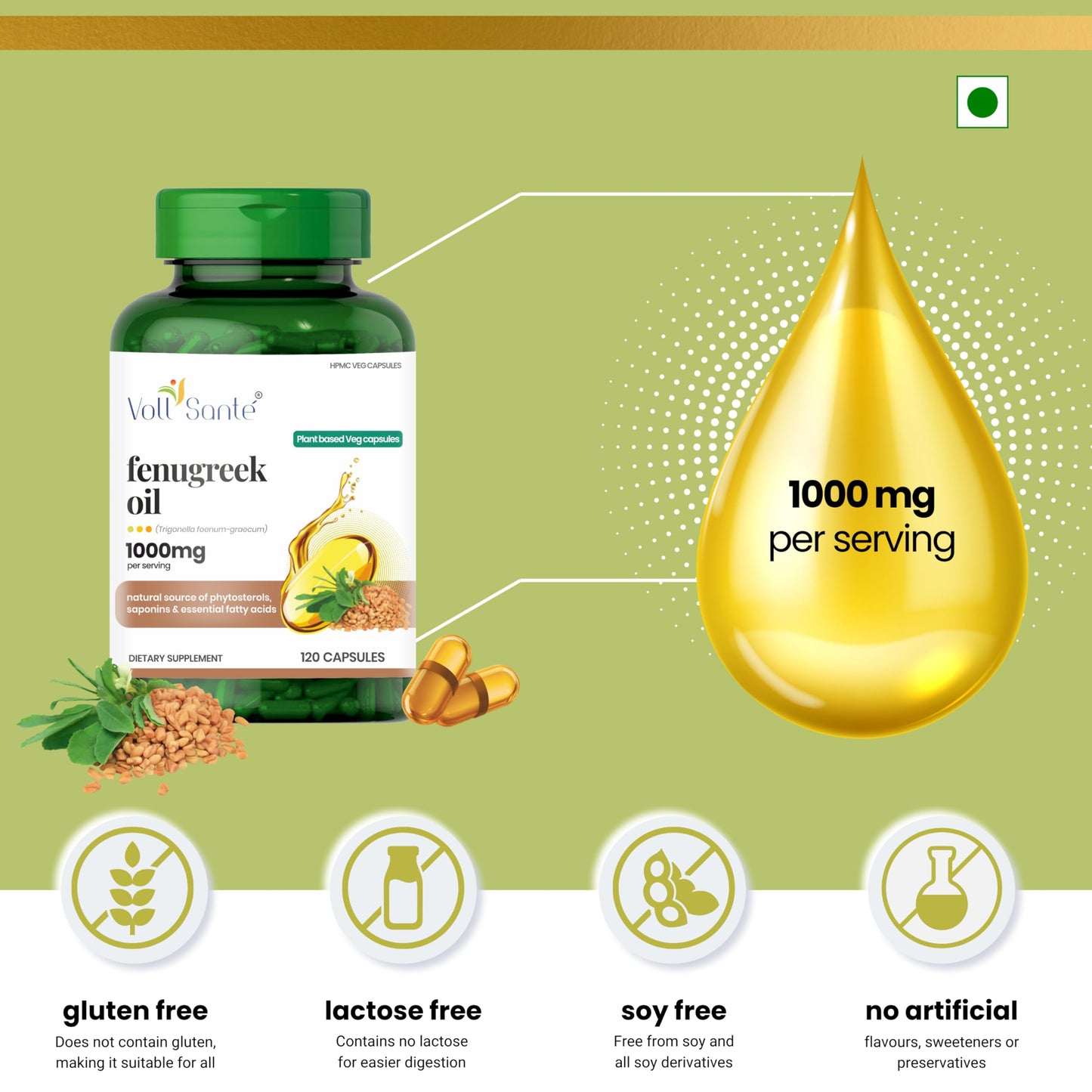 Voll Santé Fenugreek Seed Oil Capsule 1000 mg Per Serving, HPMC Plant-Based Veg Capsules, Non-GMO, Ayurvedic Supplement, Natural Source of Phytosterols, Saponins & Essential Fatty Acids, 120 Capsules