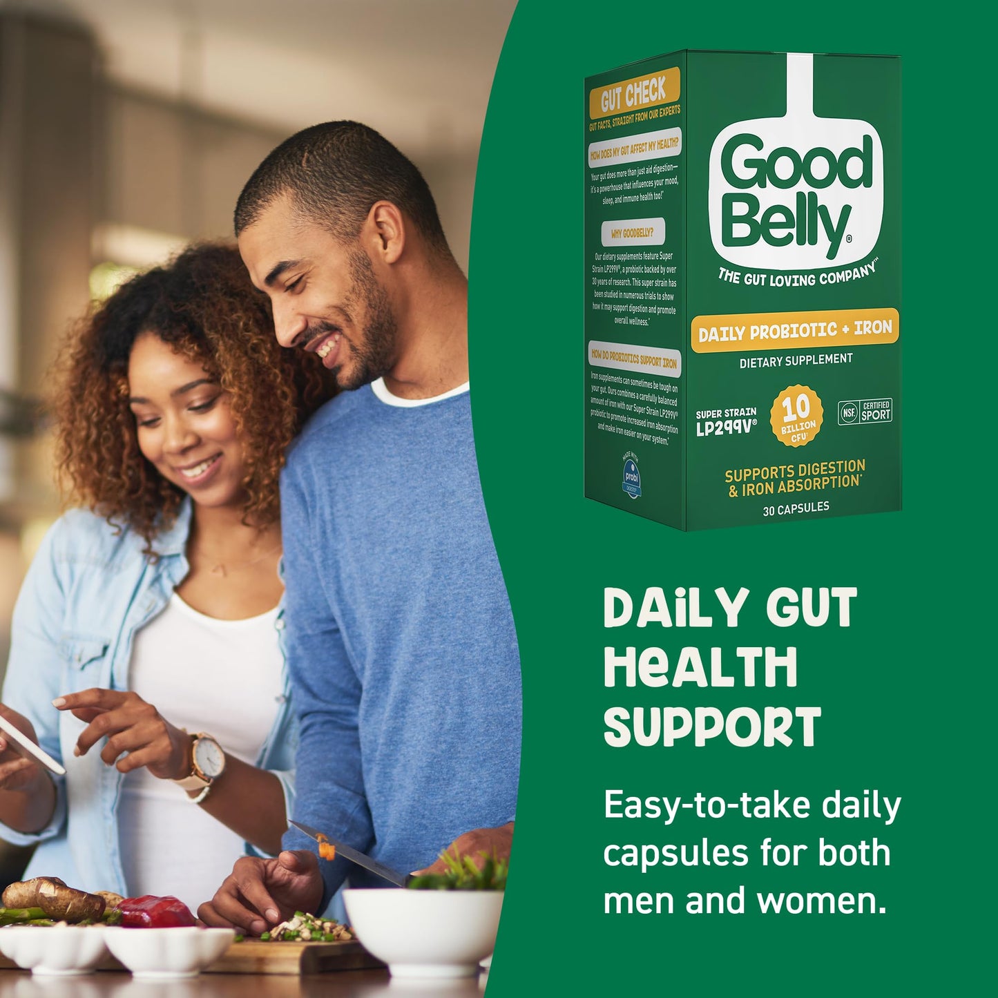 GoodBelly Probiotic Capsules for Digestive Health & Iron Absorption, 30 Capsules