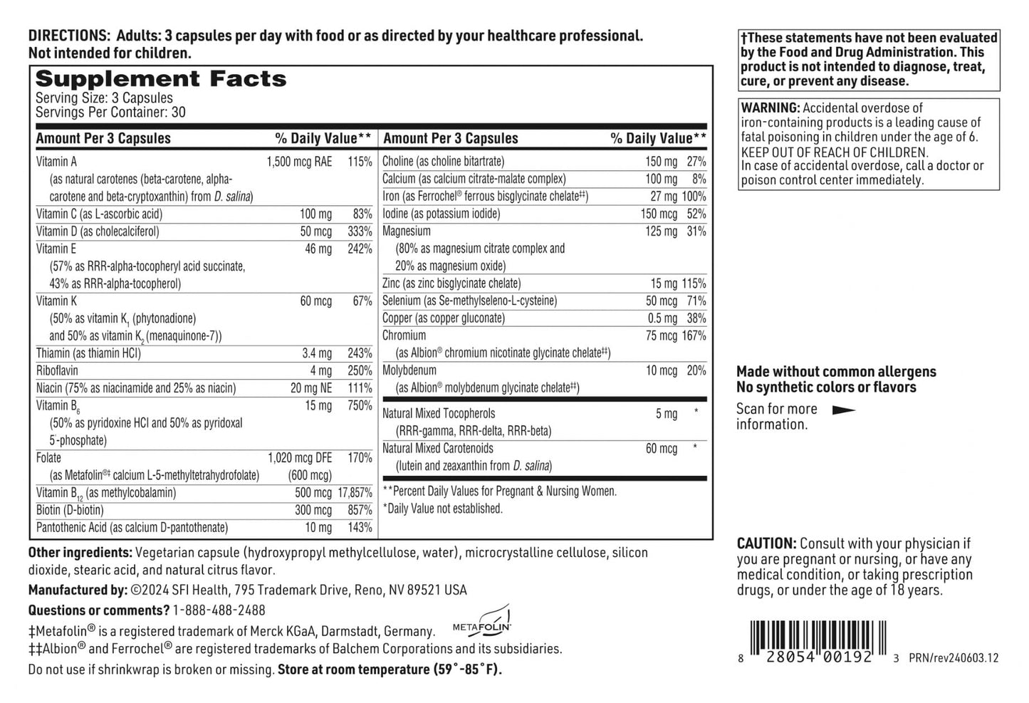 SFI Health Klaire Labs Prenatal & Nursing Multivitamin Capsules, 90 Count
