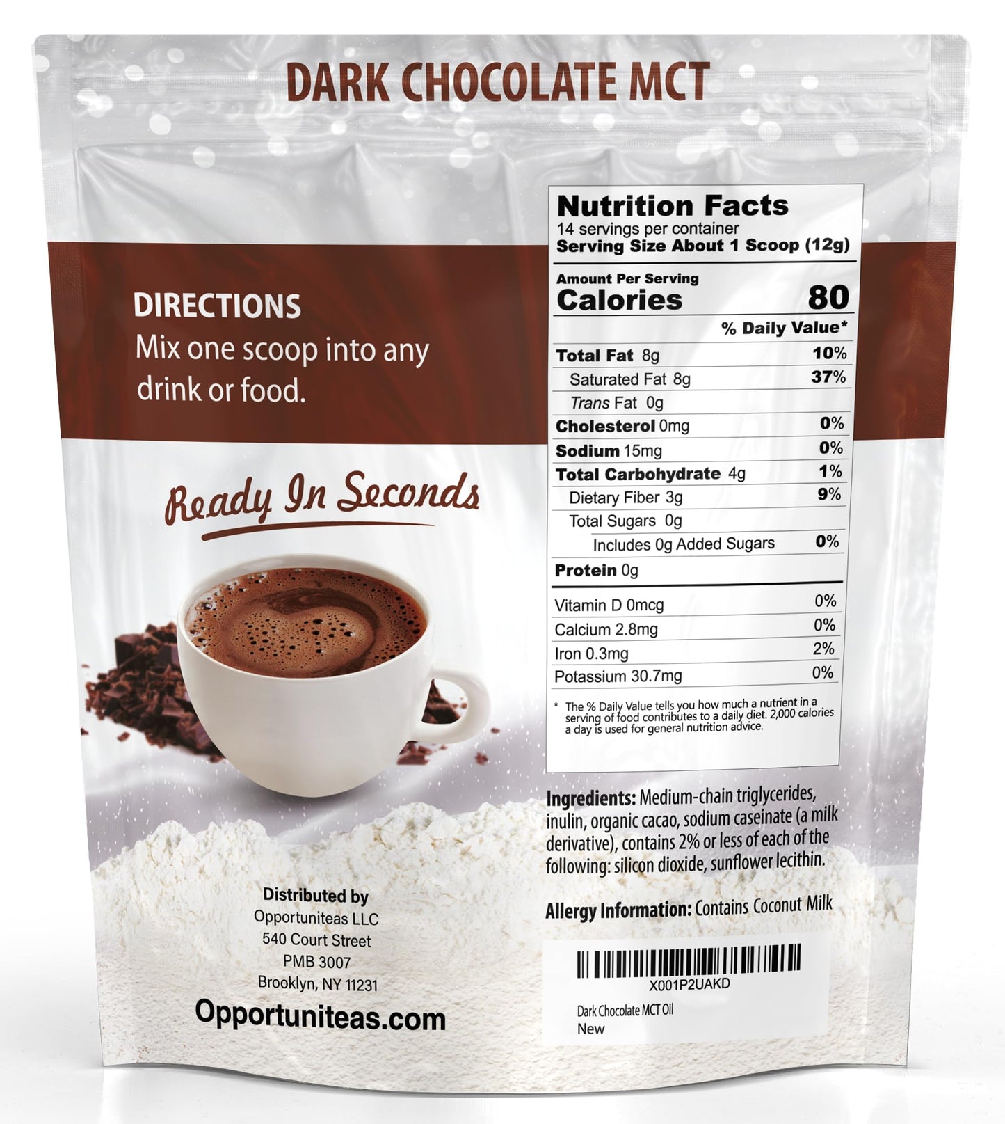 Opportuniteas MCT Oil Powder, Dark Chocolate, 6 oz