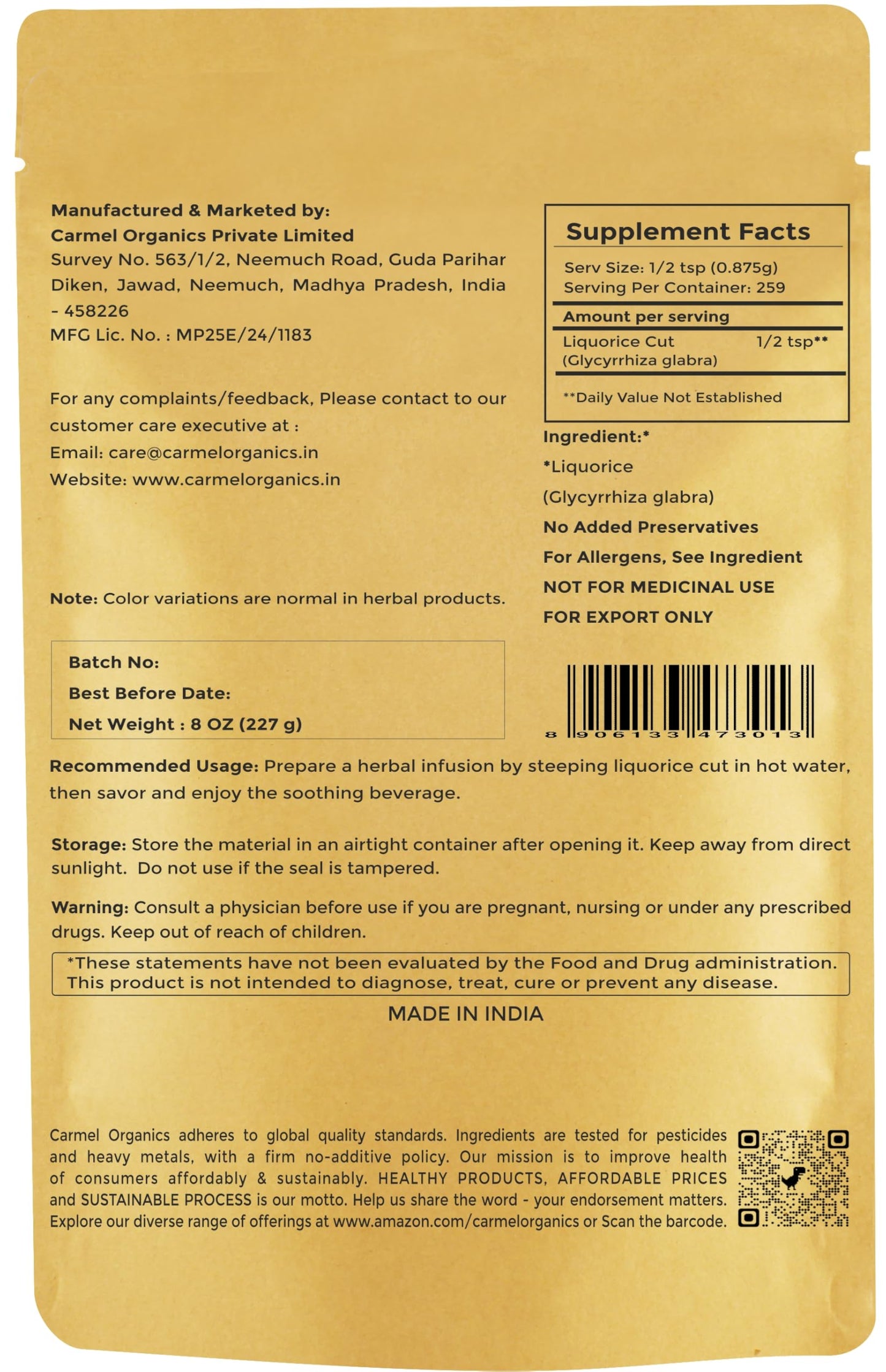 CARMEL ORGANICS Licorice (Mulethi) Root Powder 8 oz