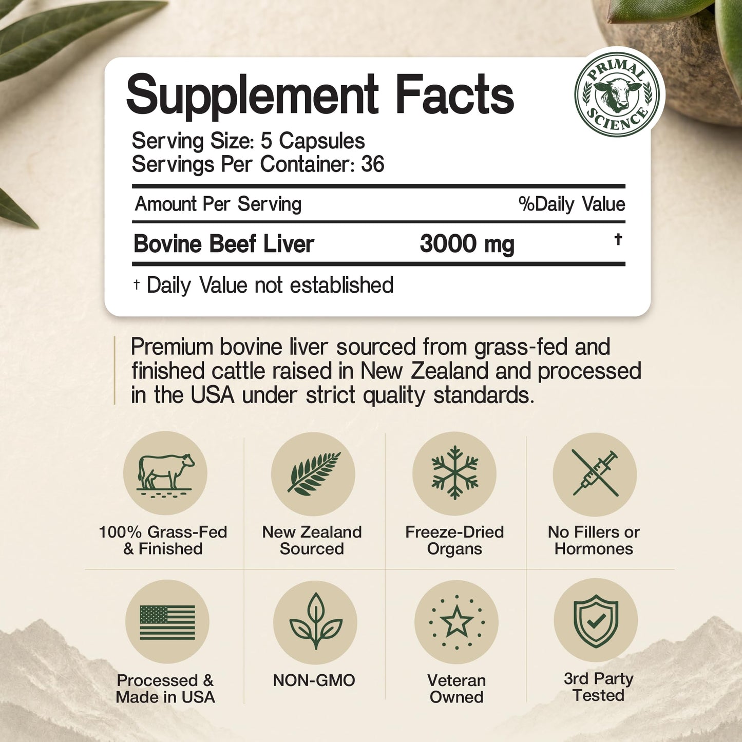 Primal Science Grass Fed Beef Liver Capsules 3000mg Desiccated Liver Supplement 100% Pasture Raised & Freeze Dried Natural Iron, Vitamin A & B12 for Energy Non-GMO, No Fillers 180 Count