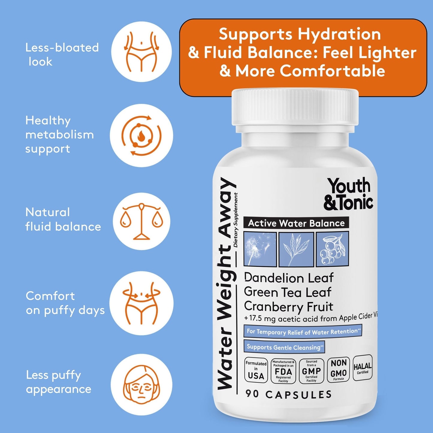 Youth & Tonic Water Capsules for Fluid Retention, 90 Count