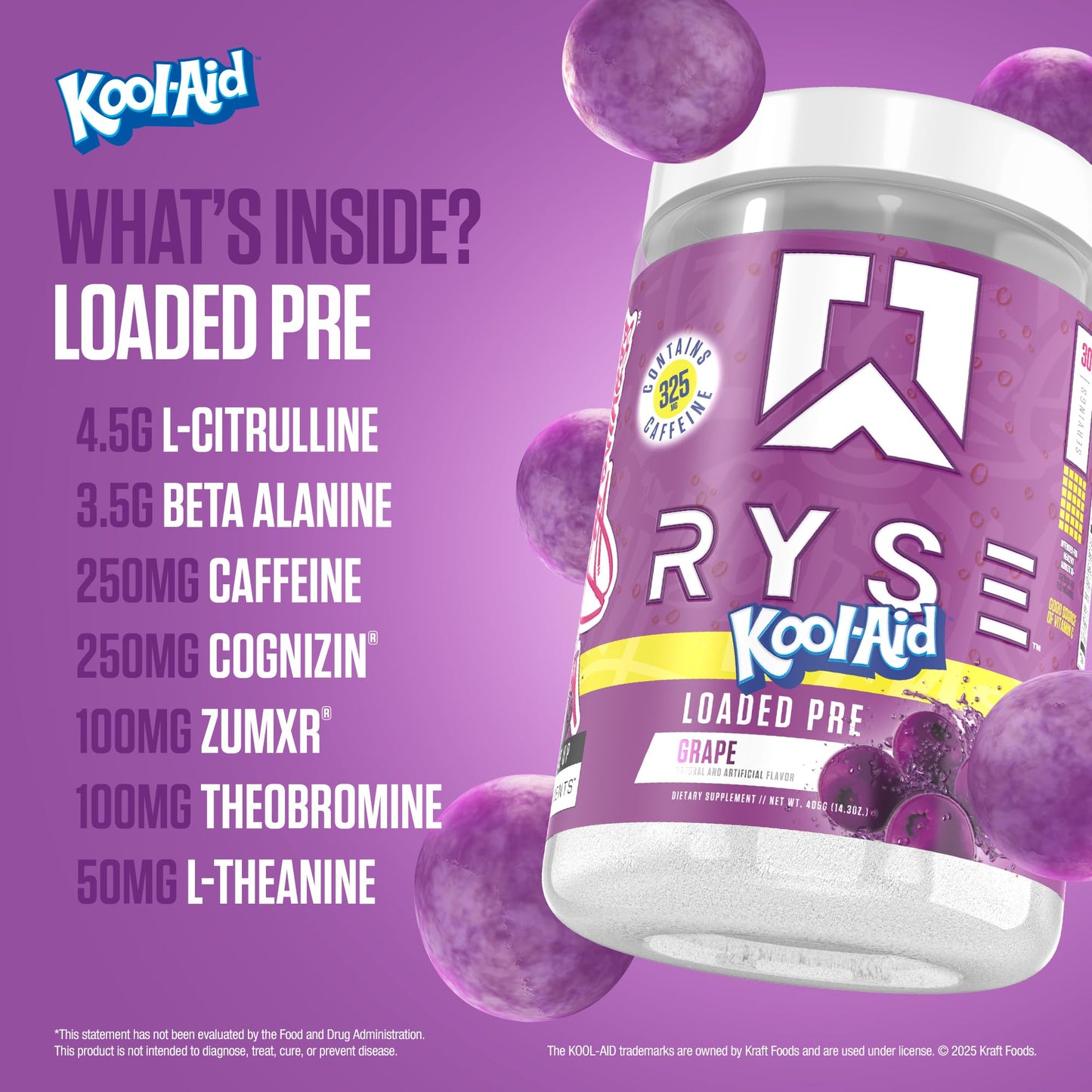 RYSE Up Supplements Loaded Pre Workout Kool-Aid Grape Powder 15.3 oz
