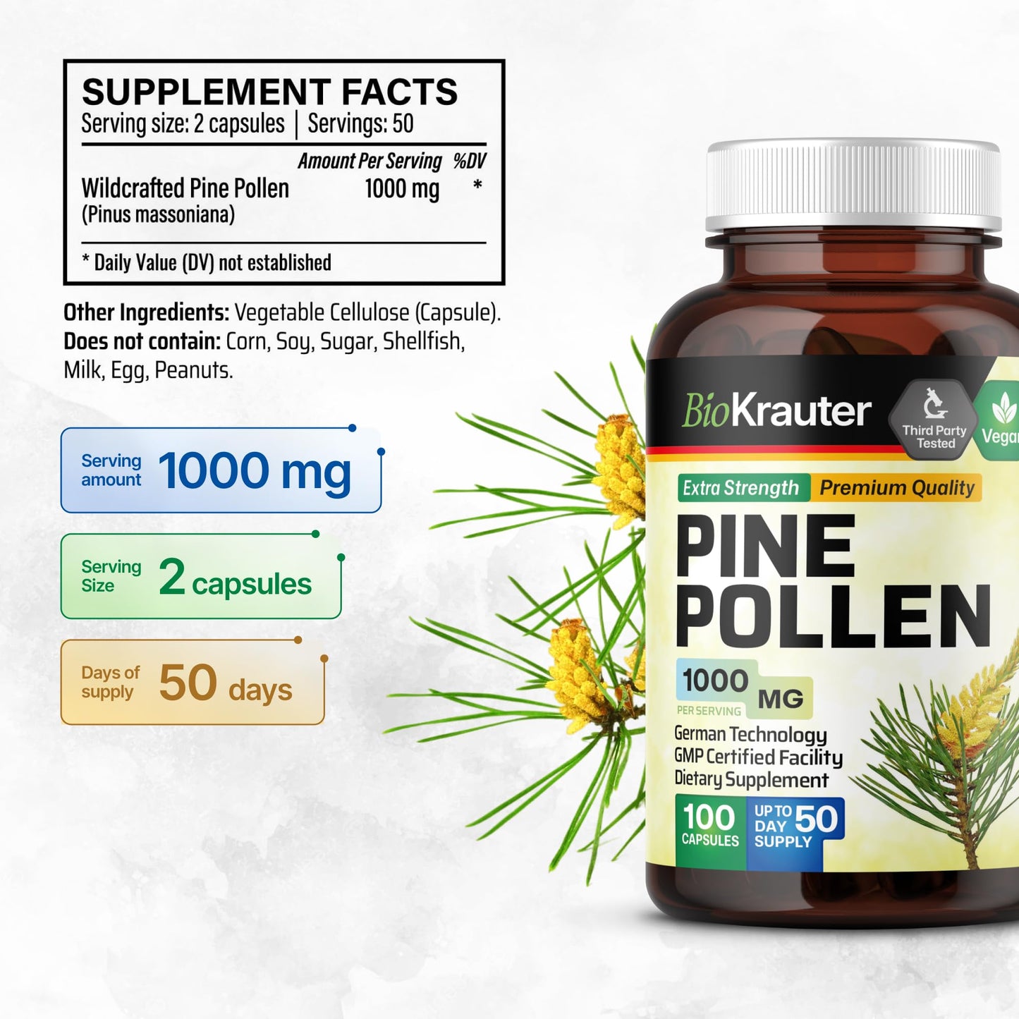 BIO KRAUTER Pine Pollen for Men's Support Capsules 100 Capsules