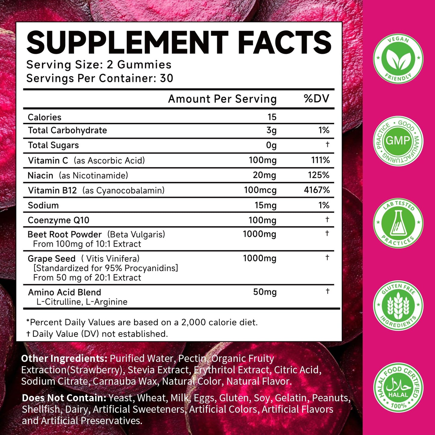 MOORGUMY Beetroot Gummies with Grape Seed, Niacin, CoQ10, Vitamin C, B12, L-Citrulline & L-Arginine, Antioxidant Support, Sugar-Free Beet Root Supplement for Women & Men, 60 Gummies