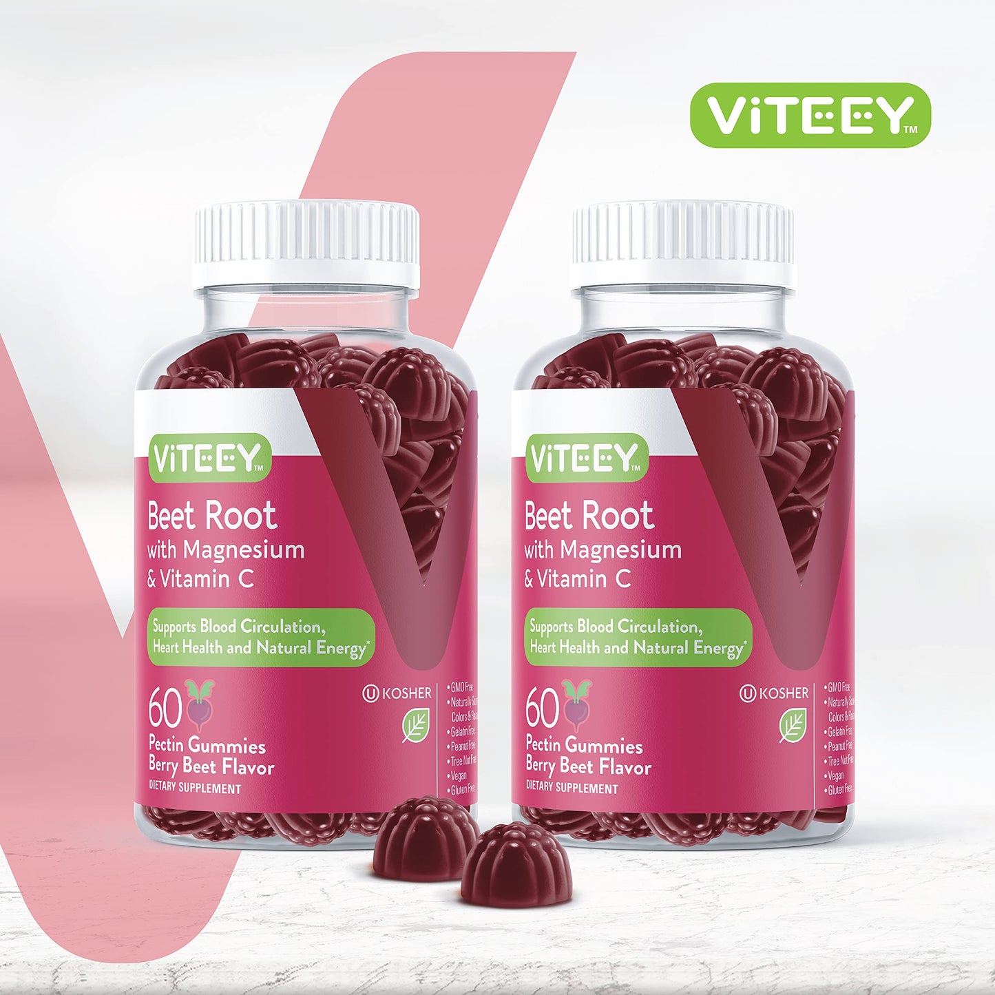 Viteey Beet Root Gummies with Magnesium & Vitamin C - Beetroot Supplement, 120 Gummies